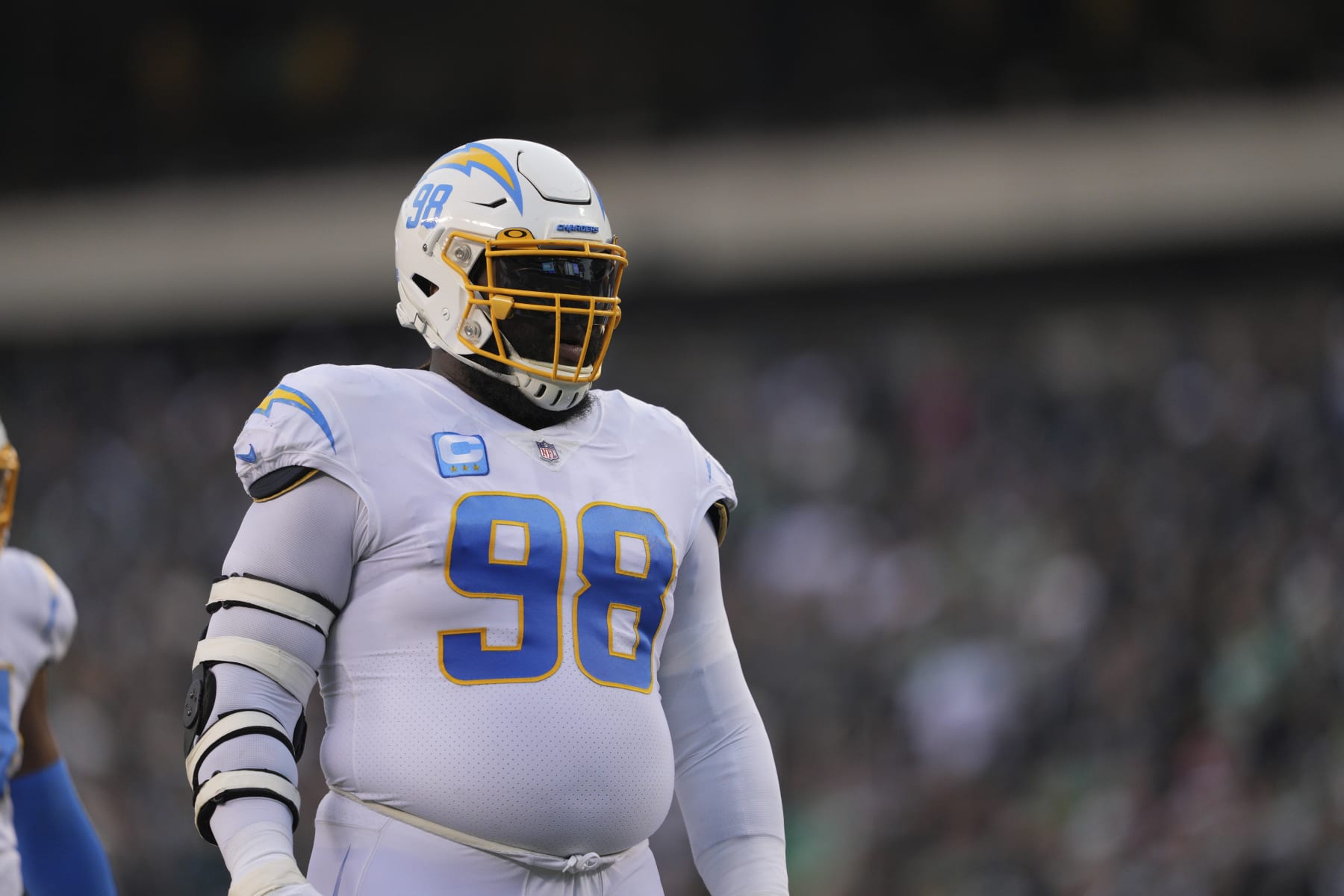 PHILADELPHIA, PA - NOVEMBER 07: Los Angeles Chargers defensive tackle Linval Joseph (98) looks on during the game between the Los Angeles Chargers  and the Philadelphia Eagles on November 7, 2021 at Lincoln Financial Field in Philadelphia, PA. (Photo by Andy Lewis/Icon Sportswire via Getty Images)