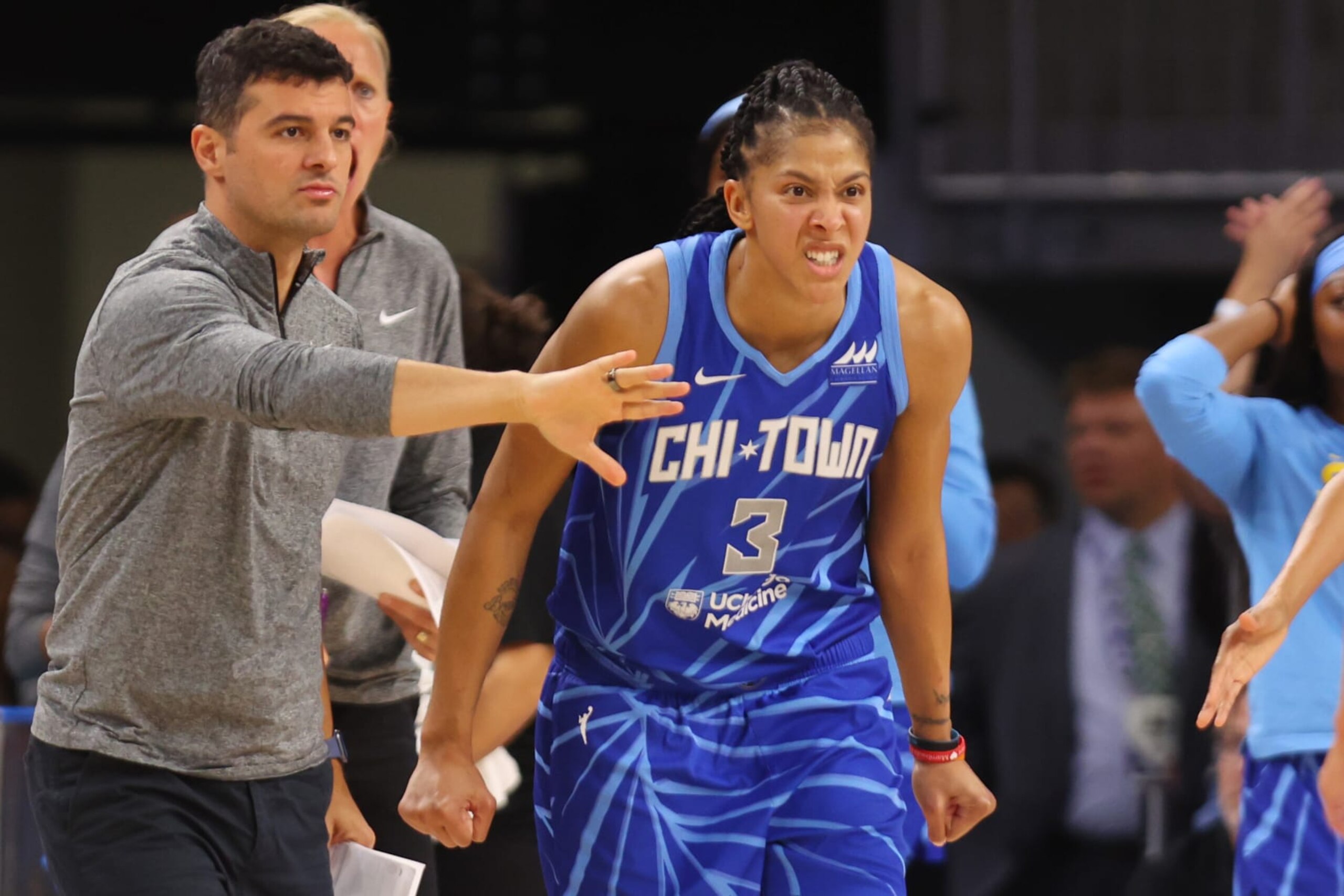 CHICAGO, ILLINOIS - SEPTEMBER 08: Candace Parker #3 of the Chicago Sky celebrates against the Connecticut Sun during the second half in Game Five of the 2022 WNBA Playoffs semifinals at Wintrust Arena on September 08, 2022 in Chicago, Illinois. NOTE TO USER: User expressly acknowledges and agrees that, by downloading and/or using this photograph, User is consenting to the terms and conditions of the Getty Images License Agreement.  (Photo by Michael Reaves/Getty Images)