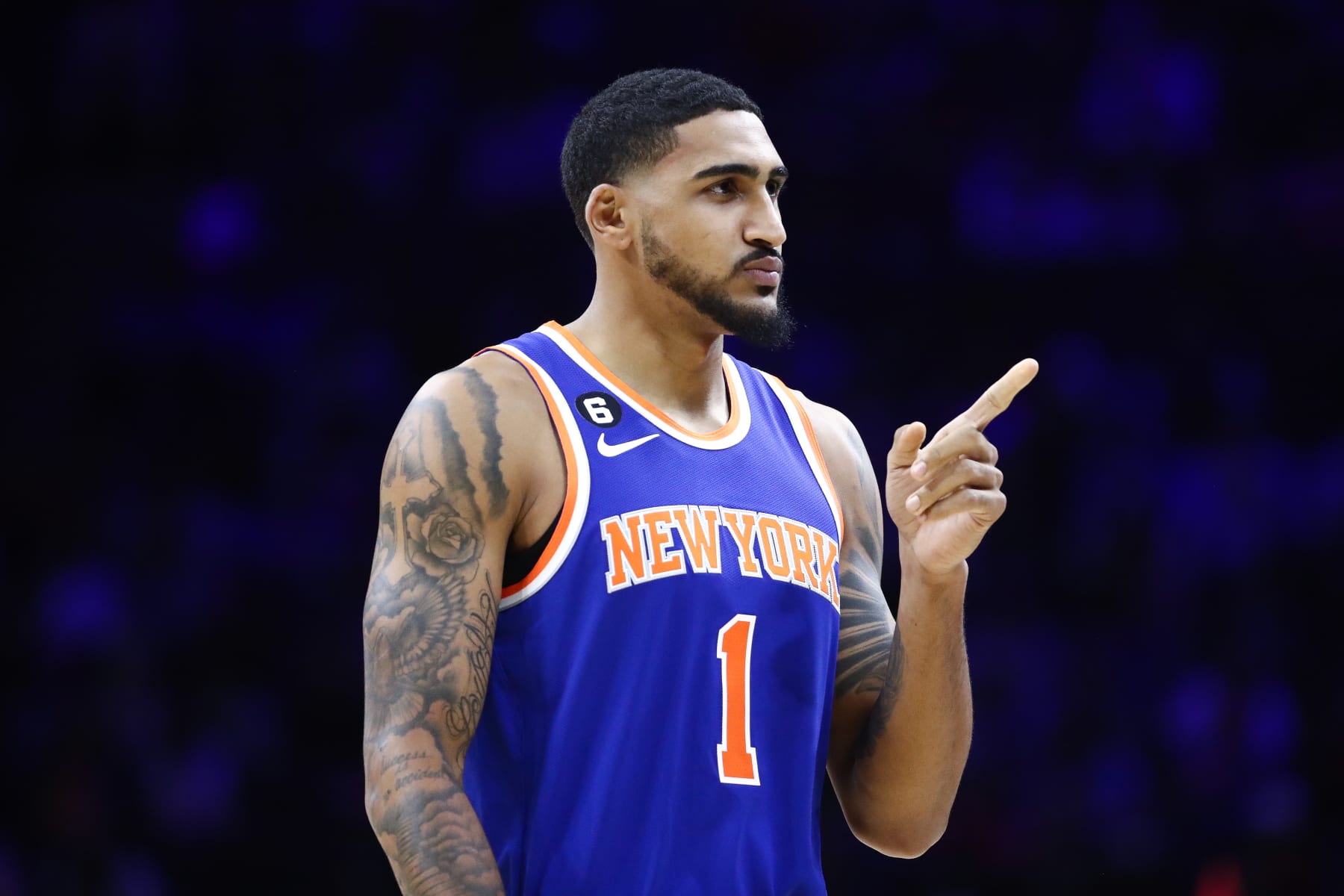 PHILADELPHIA, PA - NOVEMBER 04: Obi Toppin #1 of the New York Knicks reacts during the first quarter against the Philadelphia 76ers at Wells Fargo Center on November 4, 2022 in Philadelphia, Pennsylvania. (Photo by Tim Nwachukwu/Getty Images) NOTE TO USER: User expressly acknowledges and agrees that, by downloading and or using this photograph, User is consenting to the terms and conditions of the Getty Images License Agreement.