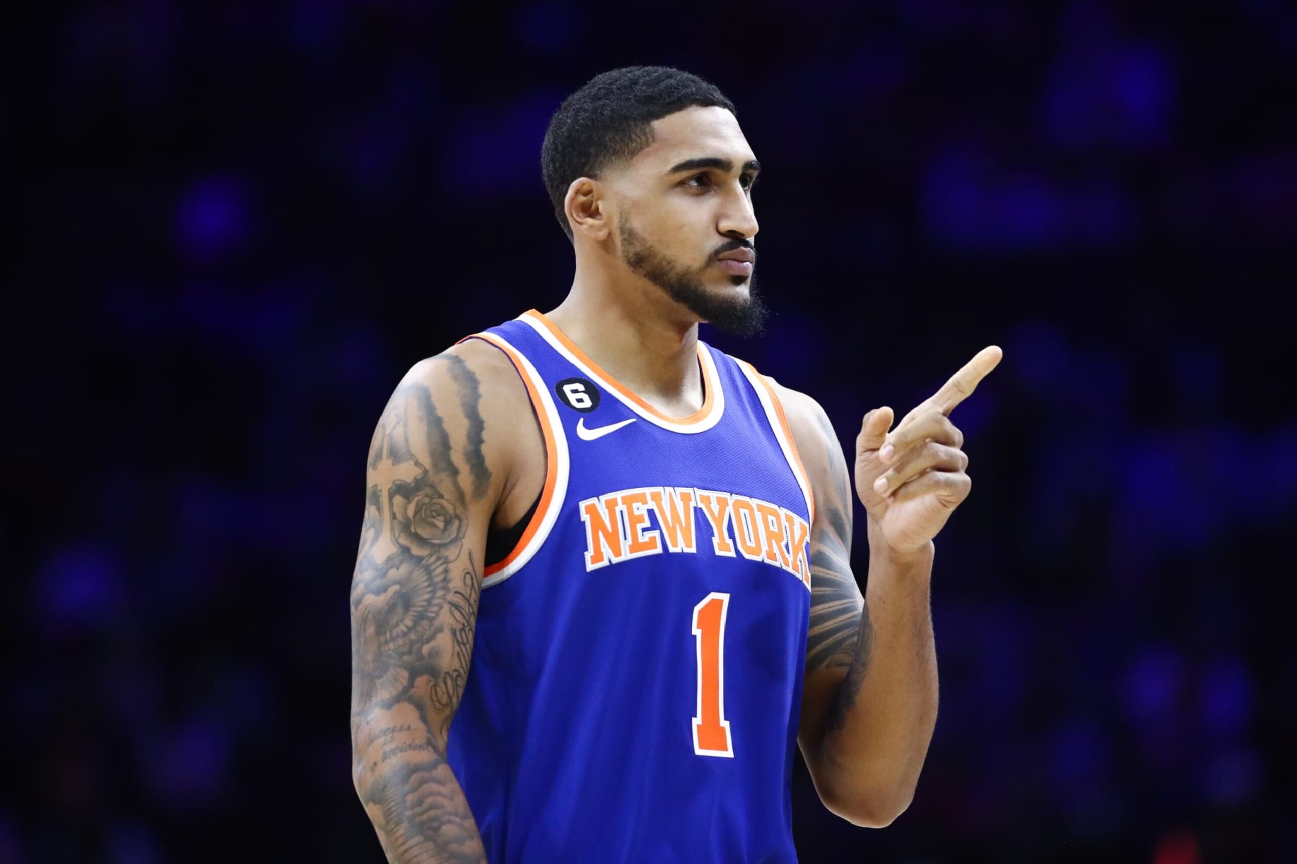 PHILADELPHIA, PA - NOVEMBER 04: Obi Toppin #1 of the New York Knicks reacts during the first quarter against the Philadelphia 76ers at Wells Fargo Center on November 4, 2022 in Philadelphia, Pennsylvania. (Photo by Tim Nwachukwu/Getty Images) NOTE TO USER: User expressly acknowledges and agrees that, by downloading and or using this photograph, User is consenting to the terms and conditions of the Getty Images License Agreement.