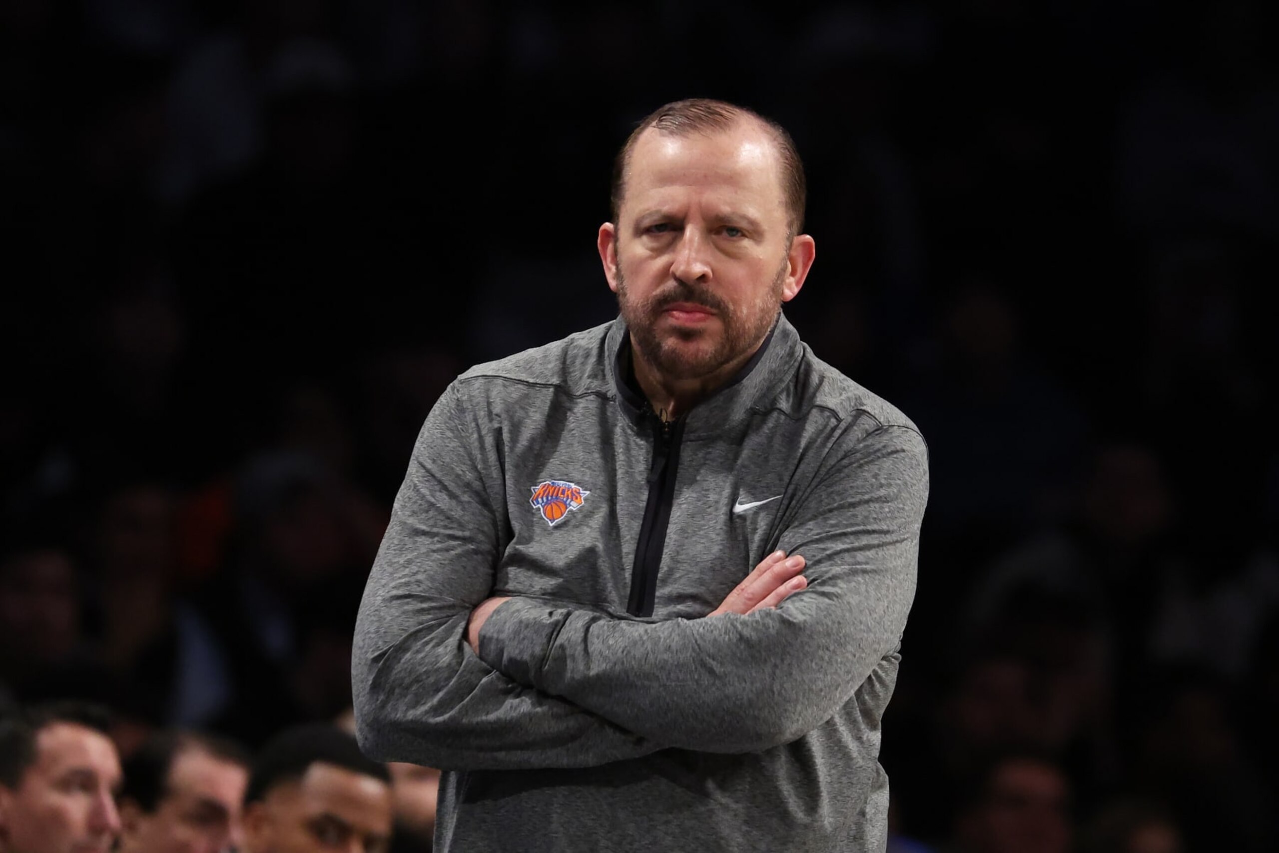 NEW YORK, NEW YORK - NOVEMBER 09:  Tom Thibodeau Head coach of the New York Knicks looks on against the Brooklyn Nets during their game at Barclays Center on November 09, 2022 in New York City.  User expressly acknowledges and agrees that, by downloading and or using this photograph, User is consenting to the terms and conditions of the Getty Images License Agreement.  (Photo by Al Bello/Getty Images)
