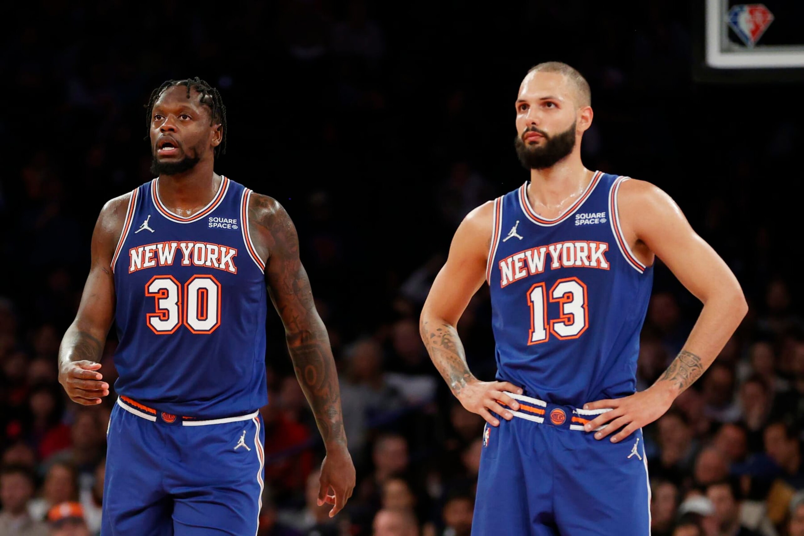NEW YORK, NEW YORK - MARCH 16: Julius Randle #30 and Evan Fournier #13 of the New York Knicks look on during the second half against the Portland Trail Blazers at Madison Square Garden on March 16, 2022 in New York City. The Knicks won 128-98. NOTE TO USER: User expressly acknowledges and agrees that, by downloading and or using this photograph, User is consenting to the terms and conditions of the Getty Images License Agreement. (Photo by Sarah Stier/Getty Images)