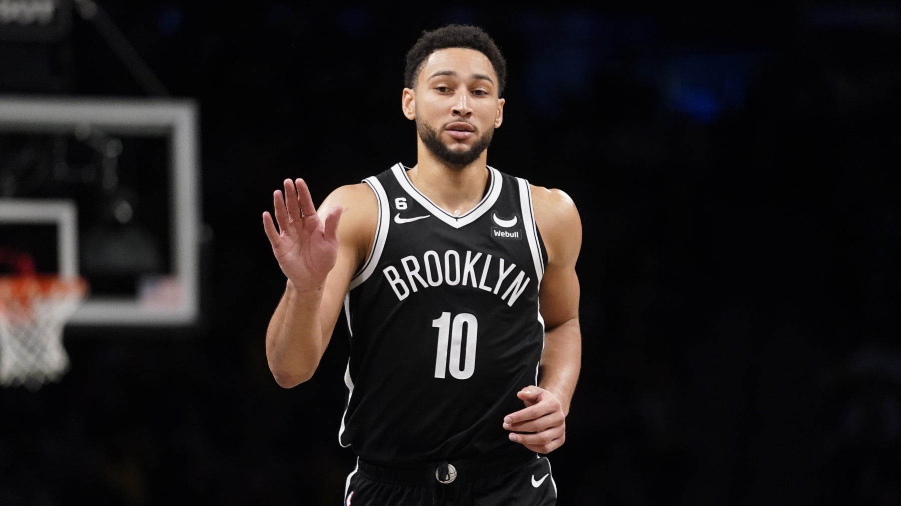 Brooklyn Nets guard Ben Simmons (10) runs up the court during the second half of an NBA basketball game against the Dallas Mavericks, Thursday, Oct. 27, 2022, in New York. (AP Photo/John Minchillo)