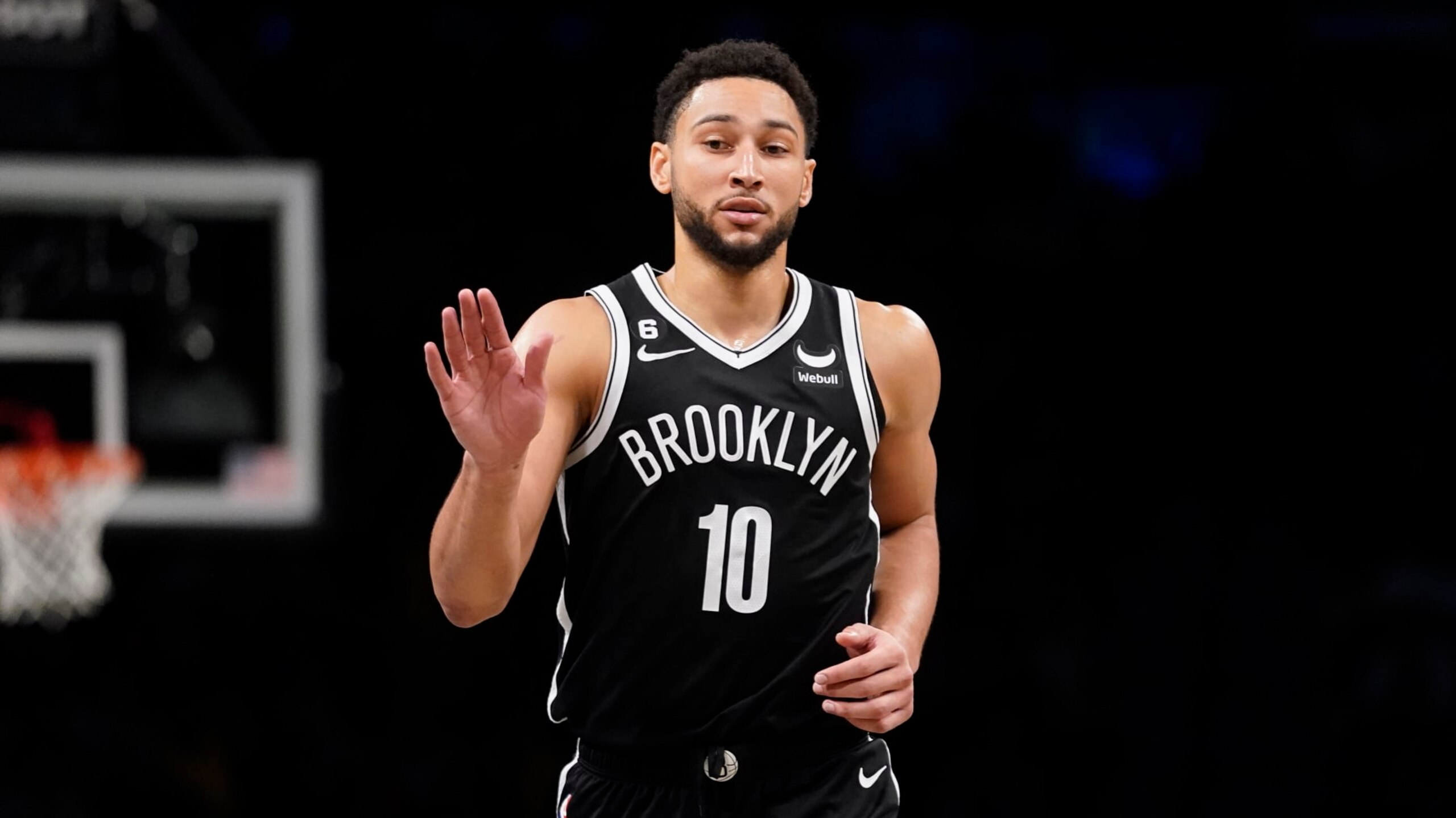 Brooklyn Nets guard Ben Simmons (10) runs up the court during the second half of an NBA basketball game against the Dallas Mavericks, Thursday, Oct. 27, 2022, in New York. (AP Photo/John Minchillo)