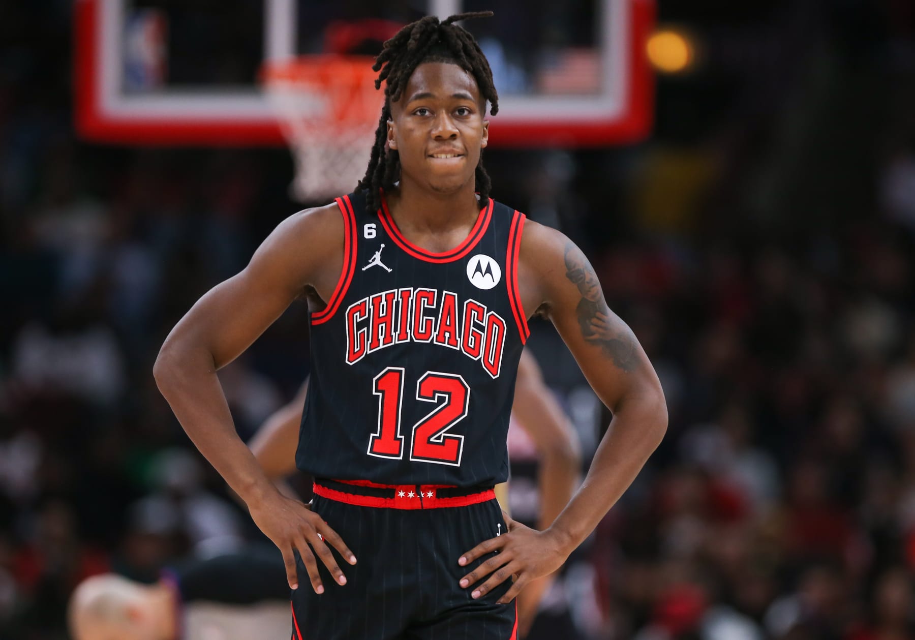 CHICAGO, IL - NOVEMBER 09: Chicago Bulls guard Ayo Dosunmu (12) looks on during a NBA game between the New Orleans Pelicans and the Chicago Bulls on November 9, 2022 at the United Center in Chicago, IL. (Photo by Melissa Tamez/Icon Sportswire via Getty Images)