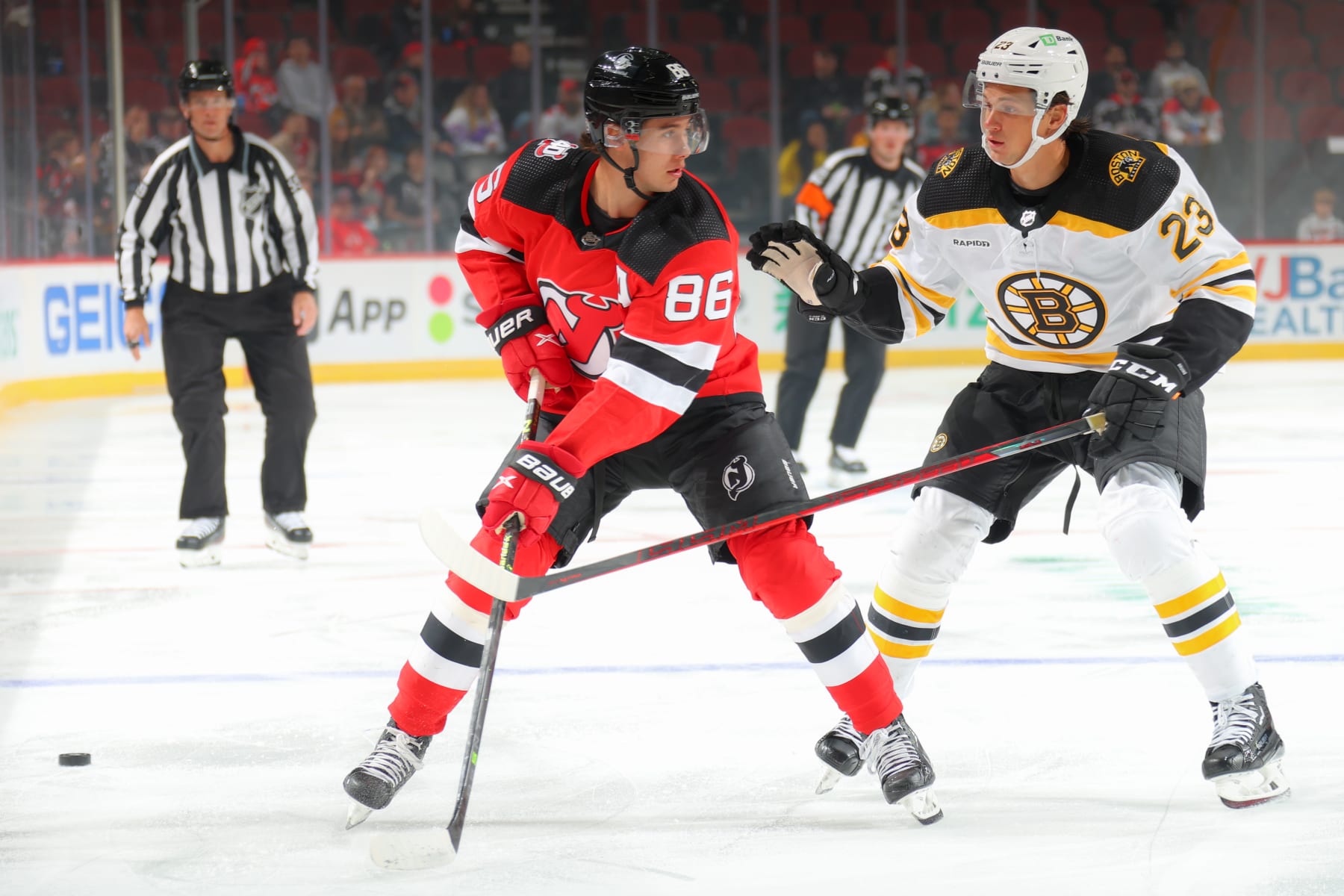 NEWARK, NJ - OCTOBER 03:  New Jersey Devils center Jack Hughes (86) skates during the game against the Boston Bruins on October 3, 2022 at the Prudential Center in Newark, New Jersey.  (Photo by Rich Graessle/Getty Images)