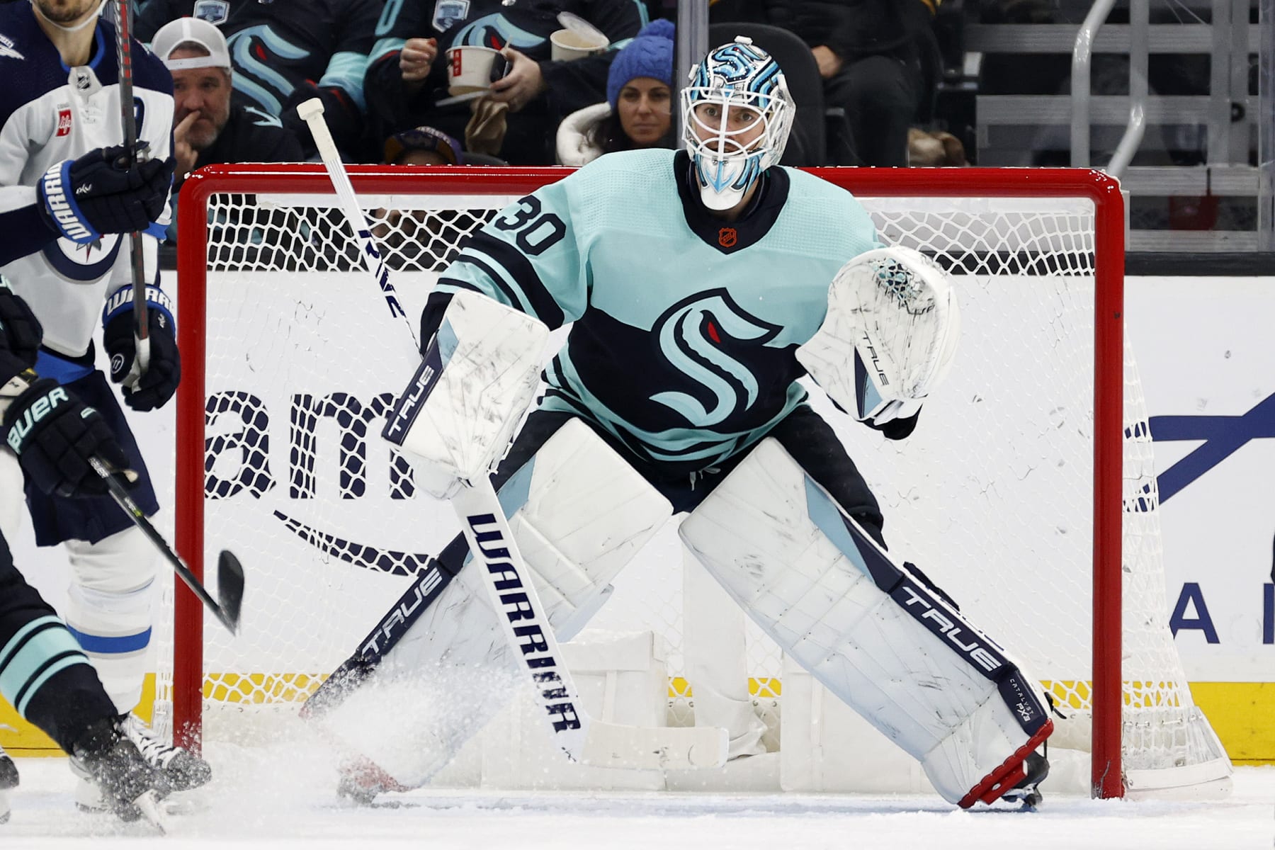 SEATTLE, WASHINGTON - NOVEMBER 13: Martin Jones #30 of the Seattle Kraken tends net during the second period against the Winnipeg Jets at Climate Pledge Arena on November 13, 2022 in Seattle, Washington. (Photo by Steph Chambers/Getty Images)