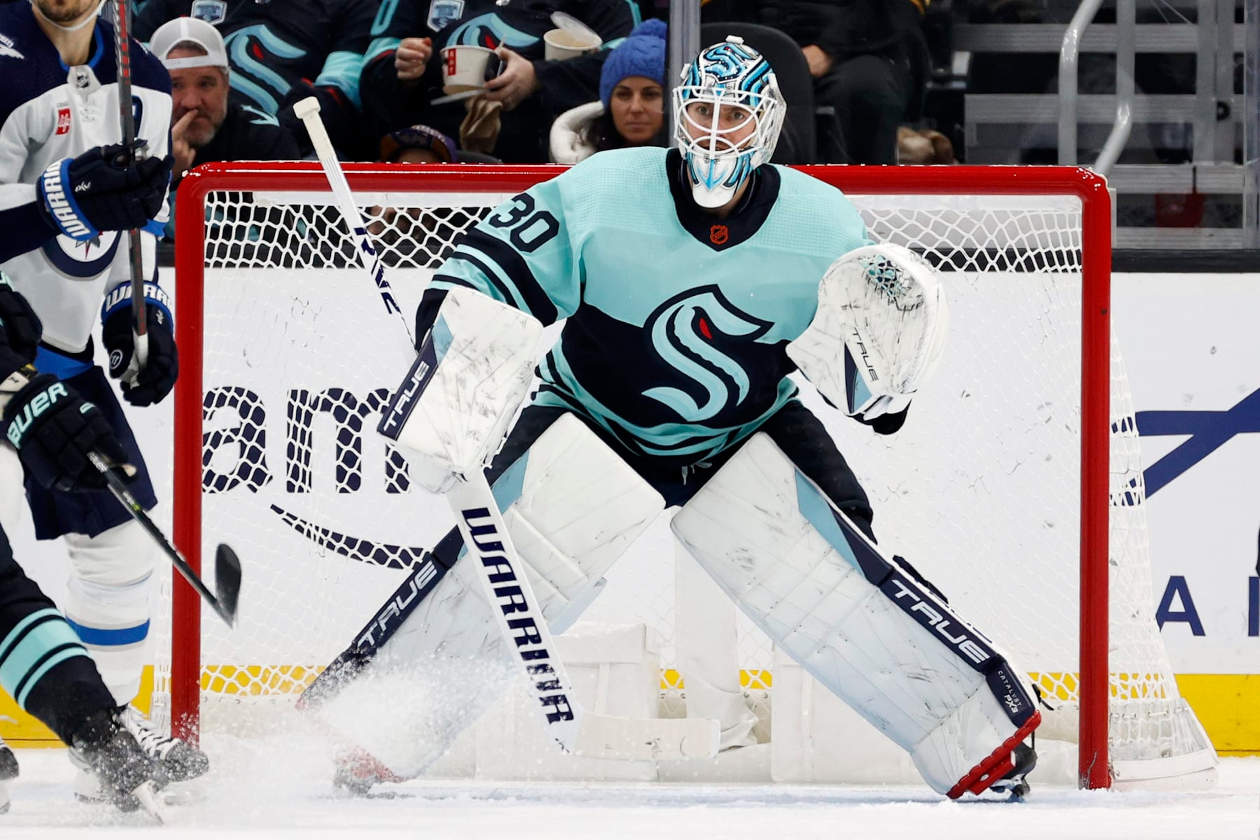 SEATTLE, WASHINGTON - NOVEMBER 13: Martin Jones #30 of the Seattle Kraken tends net during the second period against the Winnipeg Jets at Climate Pledge Arena on November 13, 2022 in Seattle, Washington. (Photo by Steph Chambers/Getty Images) SEATTLE, WASHINGTON - NOVEMBER 13: Martin Jones #30 of the Seattle Kraken tends net during the second period against the Winnipeg Jets at Climate Pledge Arena on November 13, 2022 in Seattle, Washington. (Photo by Steph Chambers/Getty Images)