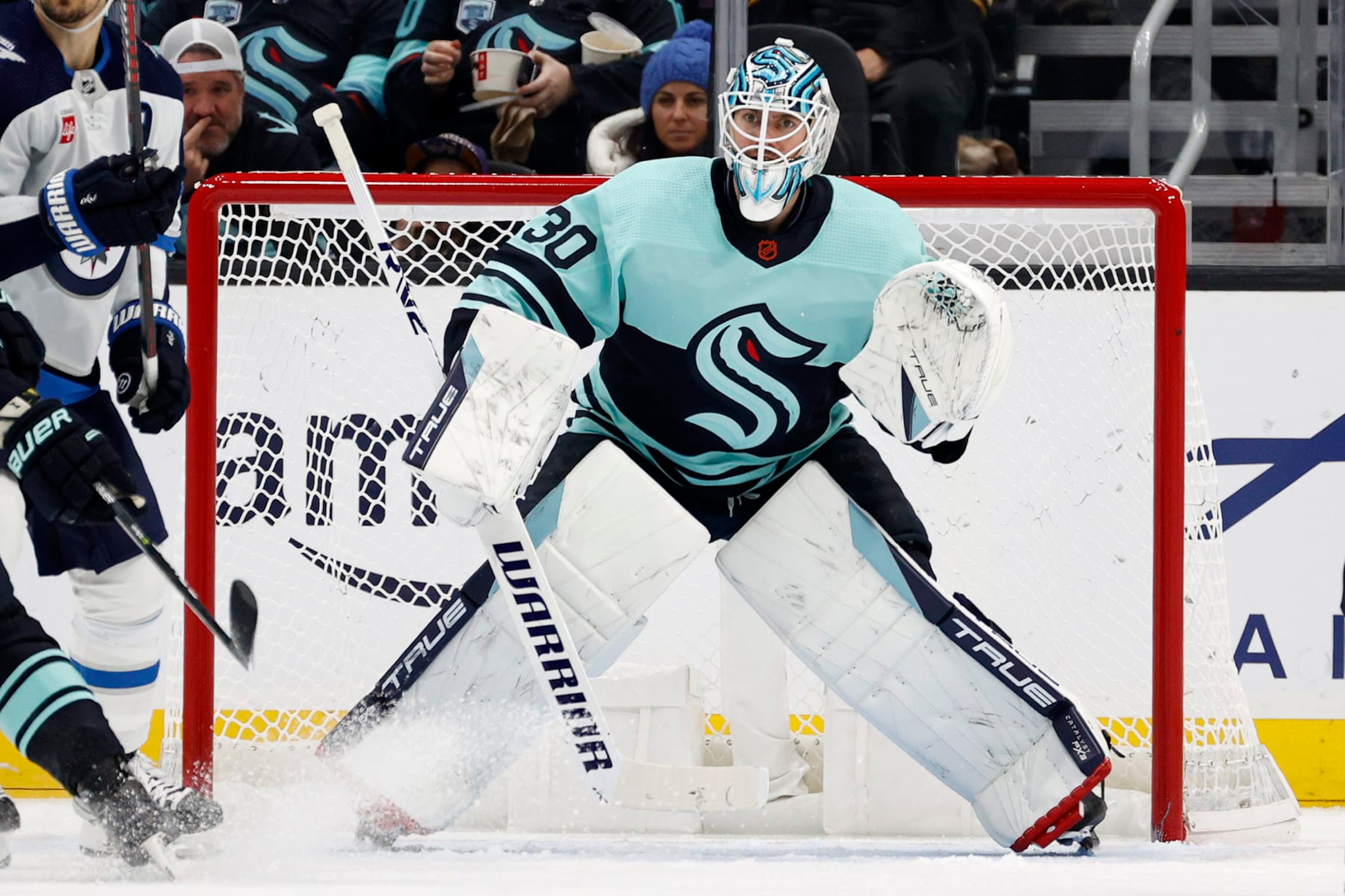 SEATTLE, WASHINGTON - NOVEMBER 13: Martin Jones #30 of the Seattle Kraken tends net during the second period against the Winnipeg Jets at Climate Pledge Arena on November 13, 2022 in Seattle, Washington. (Photo by Steph Chambers/Getty Images)