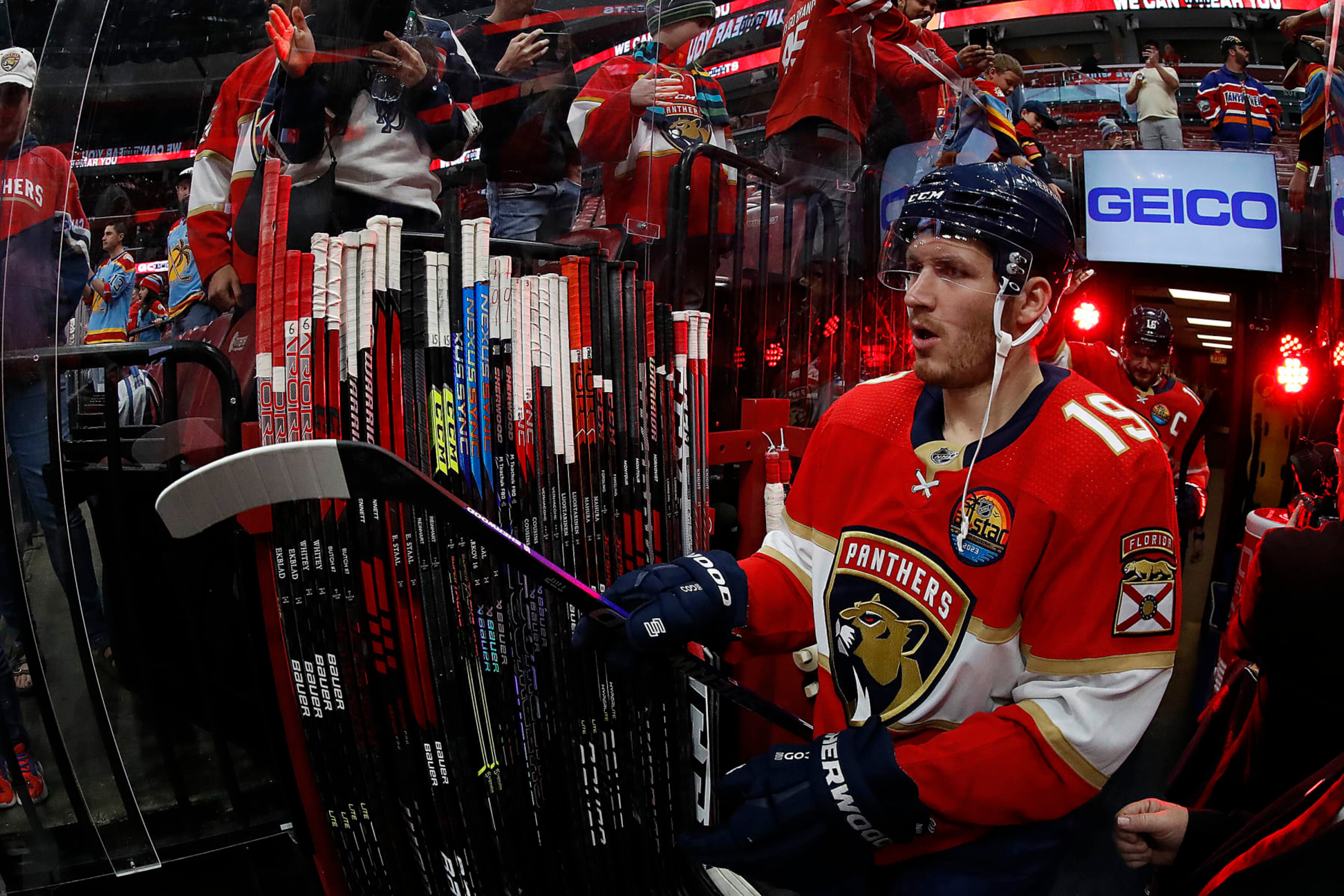 SUNRISE, FLORIDA - NOVEMBER 15: Sam Bennett #9 of the Florida Panthers heads out to the ice for warm ups prior to the start of their game against the Washington Capitals at the FLA Live Arena on November 15, 2022 in Sunrise, Florida. (Photo by Eliot J. Schechter/NHLI via Getty Images)