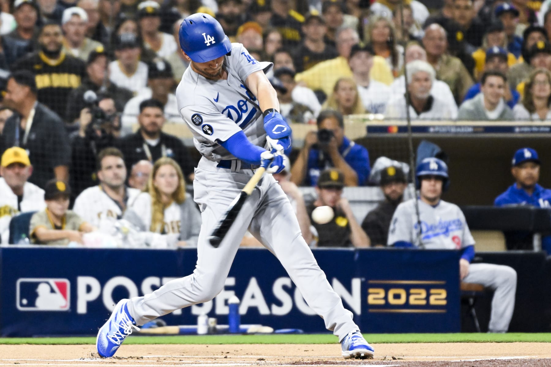 San Diego, CA - October 15: Los Angeles Dodgers' Trea Turner swings for a pitch by San Diego Padres starting pitcher Joe Musgrove during the first inning in game 4 of the NLDS at Petco Park on Saturday, Oct. 15, 2022 in San Diego, CA. (Wally Skalij / Los Angeles Times via Getty Images)