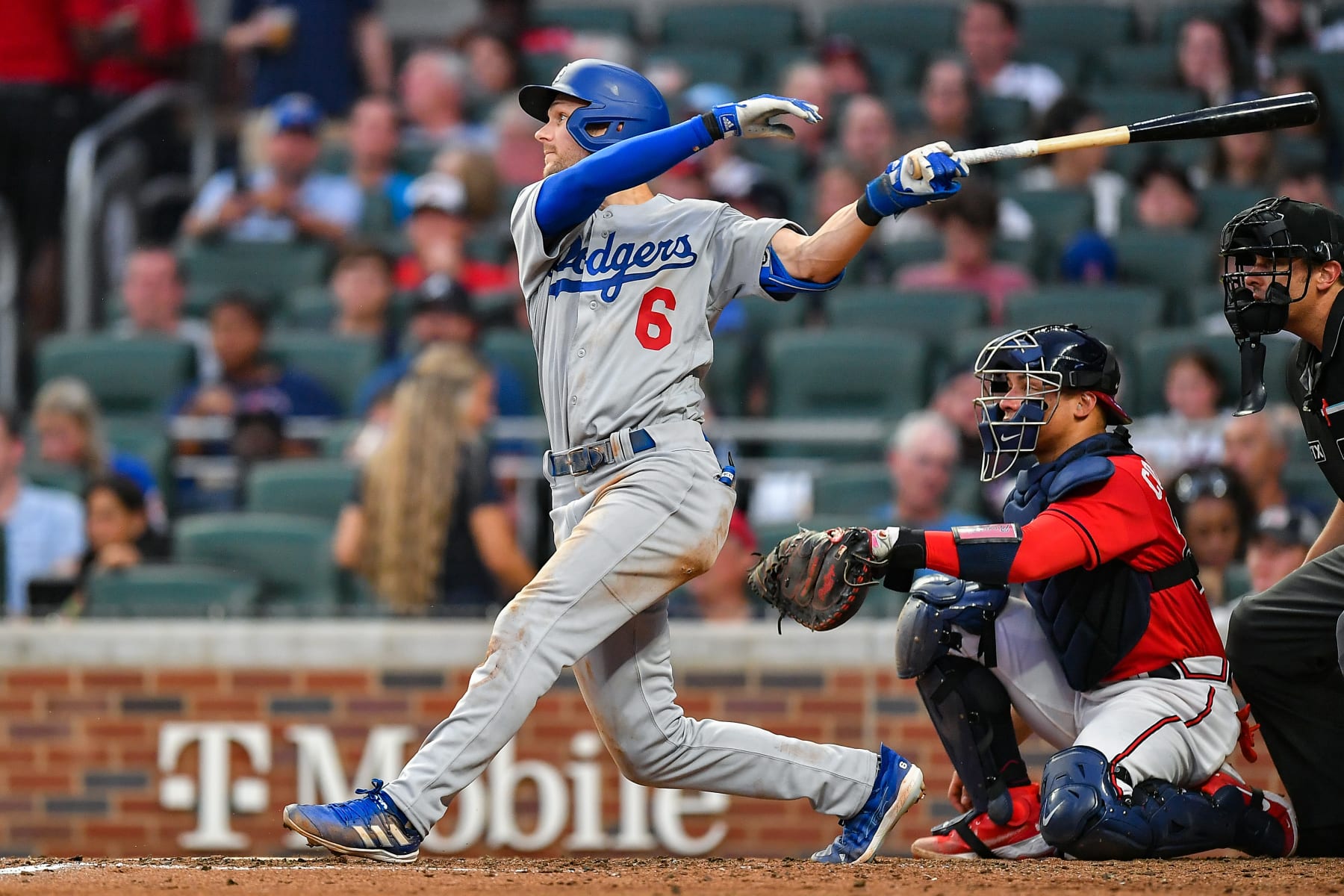 ATLANTA, GA  JUNE 24:  Los Angeles shortstop Trea Turner (6) hits a home run during the MLB game between the Los Angeles Dodgers and the Atlanta Braves on June 24th, 2022 at Truist Park in Atlanta, GA. (Photo by Rich von Biberstein/Icon Sportswire via Getty Images)
