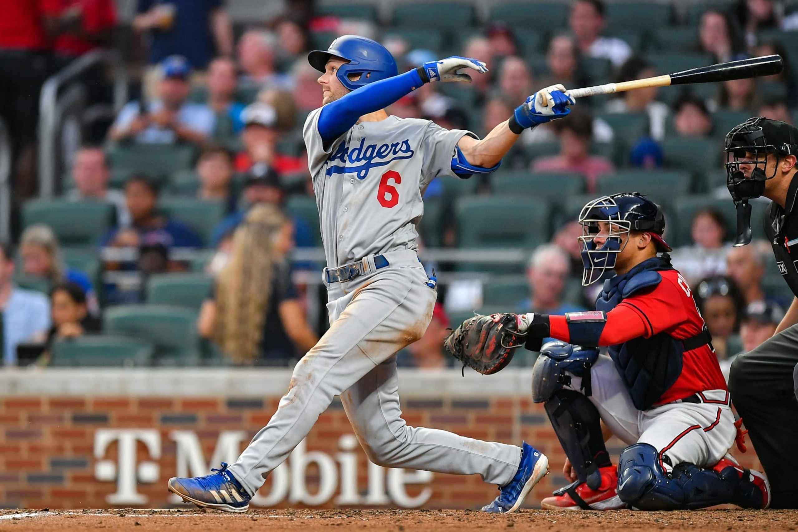 ATLANTA, GA  JUNE 24:  Los Angeles shortstop Trea Turner (6) hits a home run during the MLB game between the Los Angeles Dodgers and the Atlanta Braves on June 24th, 2022 at Truist Park in Atlanta, GA. (Photo by Rich von Biberstein/Icon Sportswire via Getty Images)