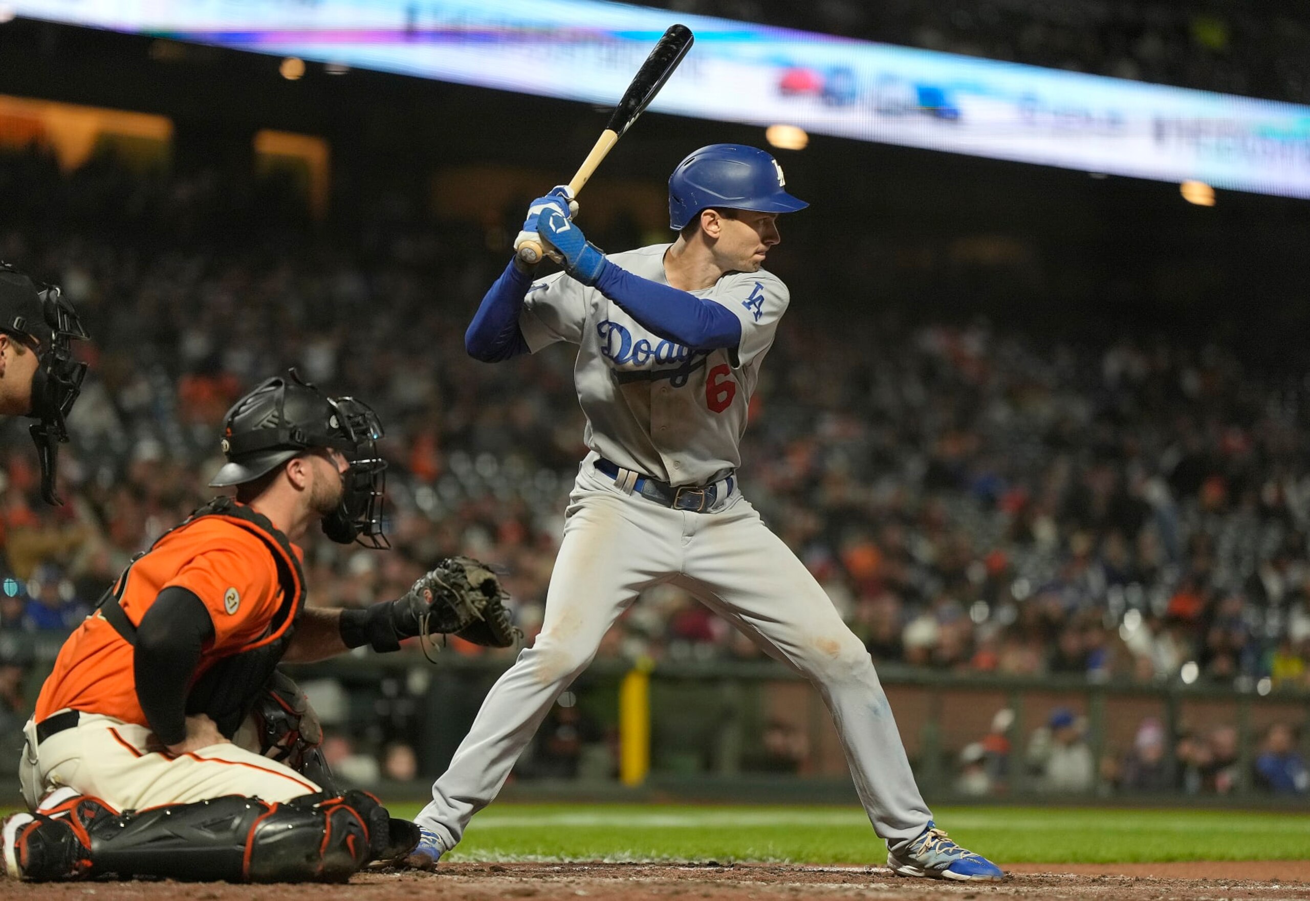 SAN FRANCISCO, CALIFORNIA - SEPTEMBER 16: Trea Turner #6 of the Los Angeles Dodgers bats against the San Francisco Giants in the top of the ninth inning at Oracle Park on September 16, 2022 in San Francisco, California. (Photo by Thearon W. Henderson/Getty Images)