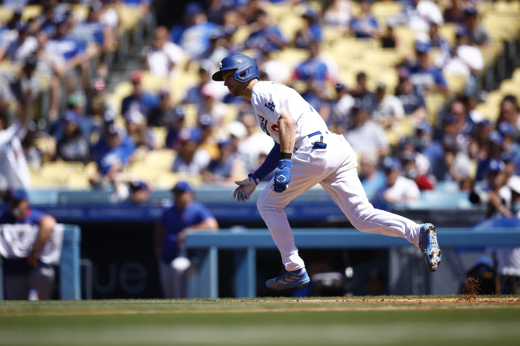 LOS ANGELES, CALIFORNIA - JULY 10:  Trea Turner #6 of the Los Angeles Dodgers hits a two-run rbi single against the Chicago Cubs in the third inning at Dodger Stadium on July 10, 2022 in Los Angeles, California. (Photo by Ronald Martinez/Getty Images)