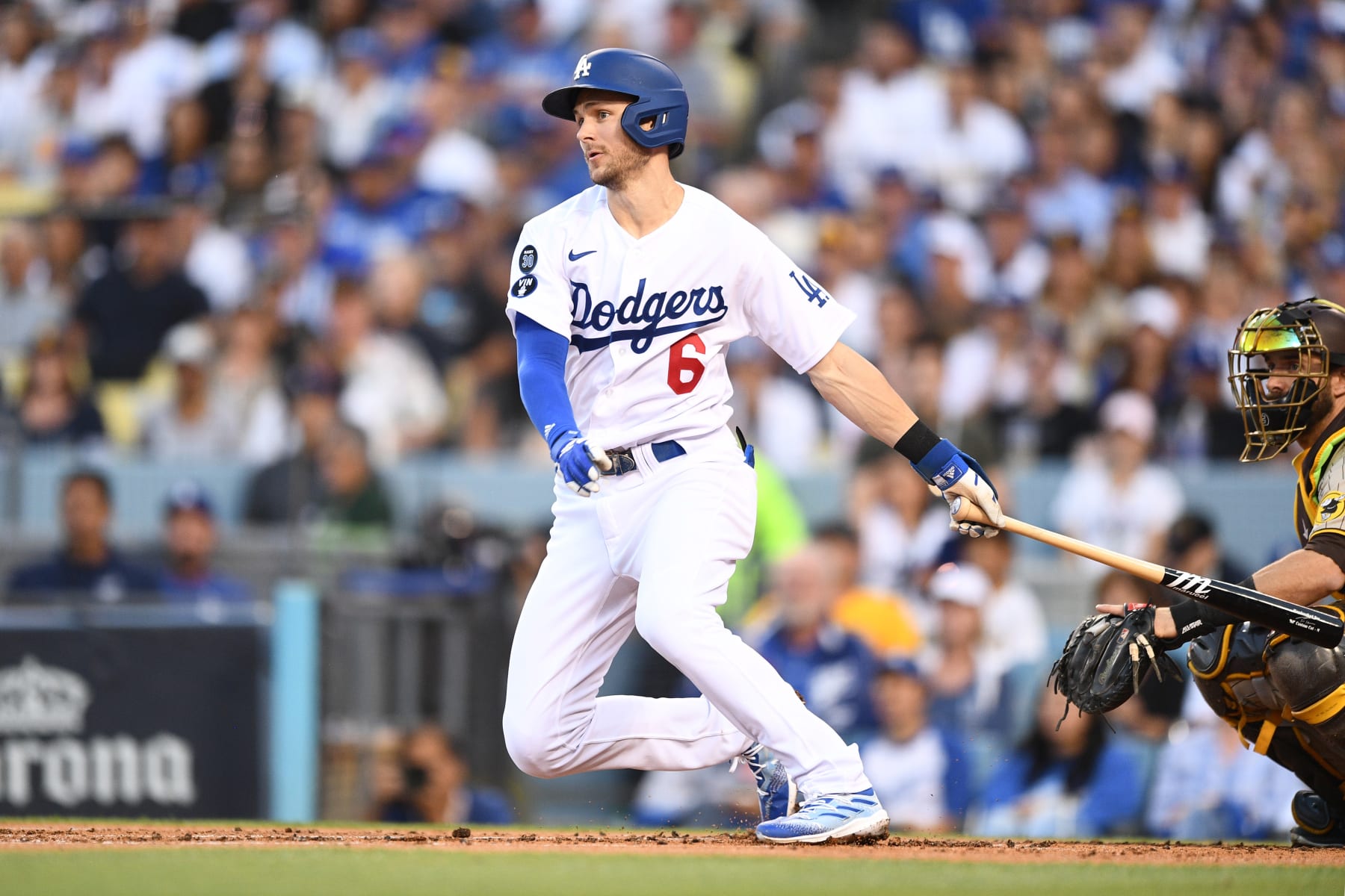 LOS ANGELES, CA - OCTOBER 12: Los Angeles Dodgers shortstop Trea Turner (6) swings at a pitch during the NLDS Game 2 between the San Diego Padres and the Los Angeles Dodgers on October 12, 2022 at Dodger Stadium in Los Angeles, CA. (Photo by Brian Rothmuller/Icon Sportswire via Getty Images)