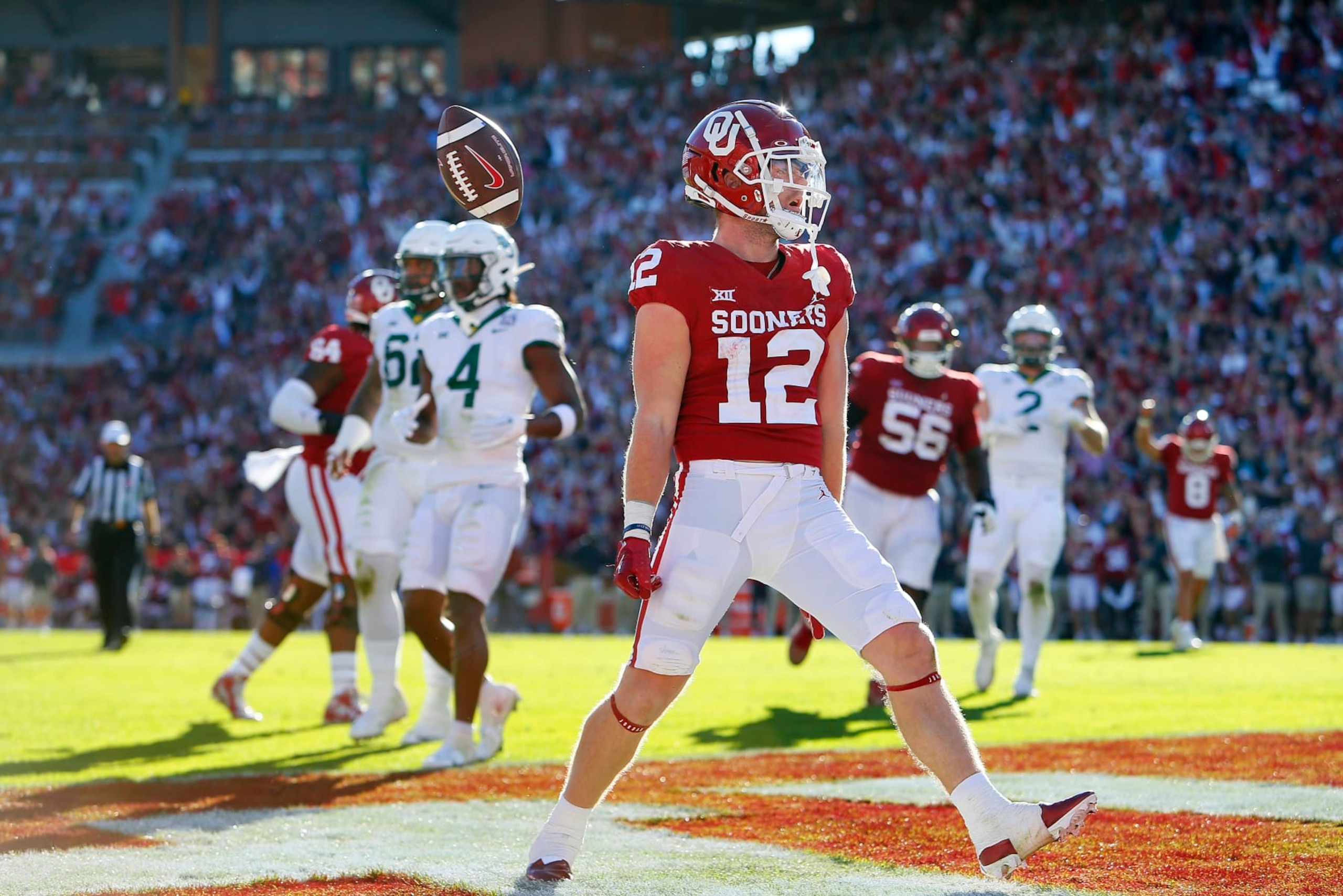 NORMAN, OK - NOVEMBER 5: Wide receiver Drake Stoops #12 of the Oklahoma Sooners celebrates a nine-yard touchdown catch against the Baylor Bears in the third quarter at Gaylord Family Oklahoma Memorial Stadium on November 5, 2022 in Norman, Oklahoma. Baylor won 38-35. (Photo by Brian Bahr/Getty Images)