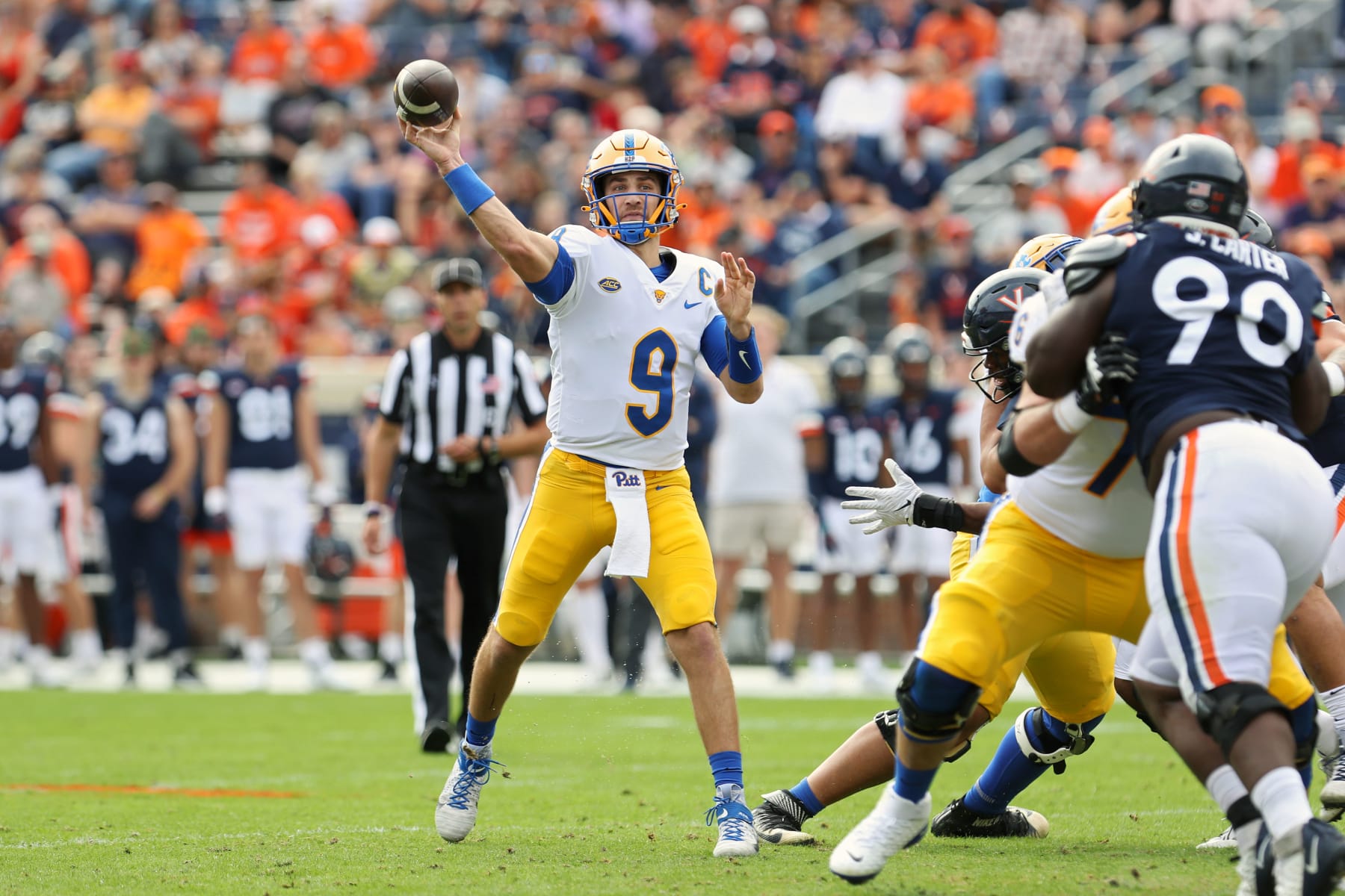 CHARLOTTESVILLE, VA - NOVEMBER 12: Kedon Slovis #9 of the Pittsburgh Panthers throws a pass in the first half during a game against the Virginia Cavaliers at Scott Stadium on November 12, 2022 in Charlottesville, Virginia. (Photo by Ryan M. Kelly/Getty Images)