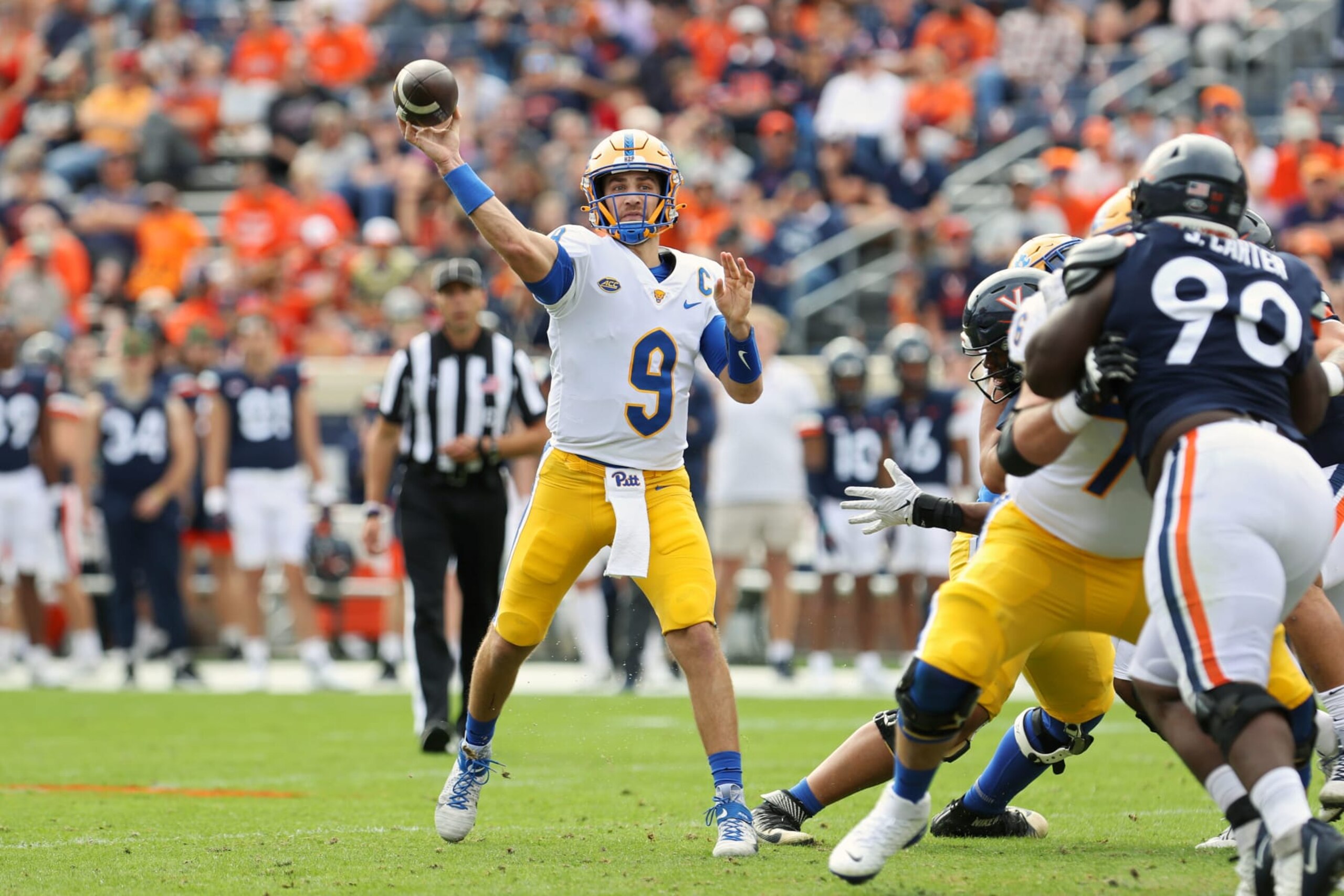 CHARLOTTESVILLE, VA - NOVEMBER 12: Kedon Slovis #9 of the Pittsburgh Panthers throws a pass in the first half during a game against the Virginia Cavaliers at Scott Stadium on November 12, 2022 in Charlottesville, Virginia. (Photo by Ryan M. Kelly/Getty Images)