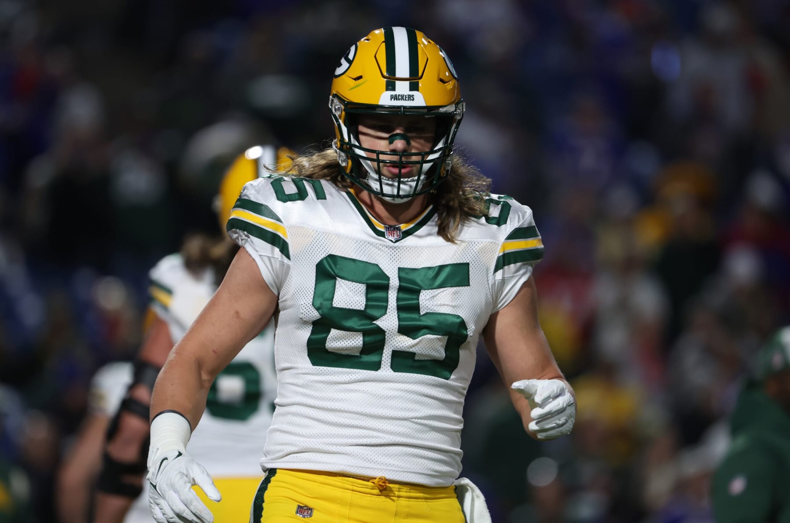 ORCHARD PARK, NY - OCTOBER 30: Robert Tonyan #85 of the Green Bay Packers on the field before a game against the Buffalo Bills at Highmark Stadium on October 30, 2022 in Orchard Park, New York. (Photo by Timothy T Ludwig/Getty Images)