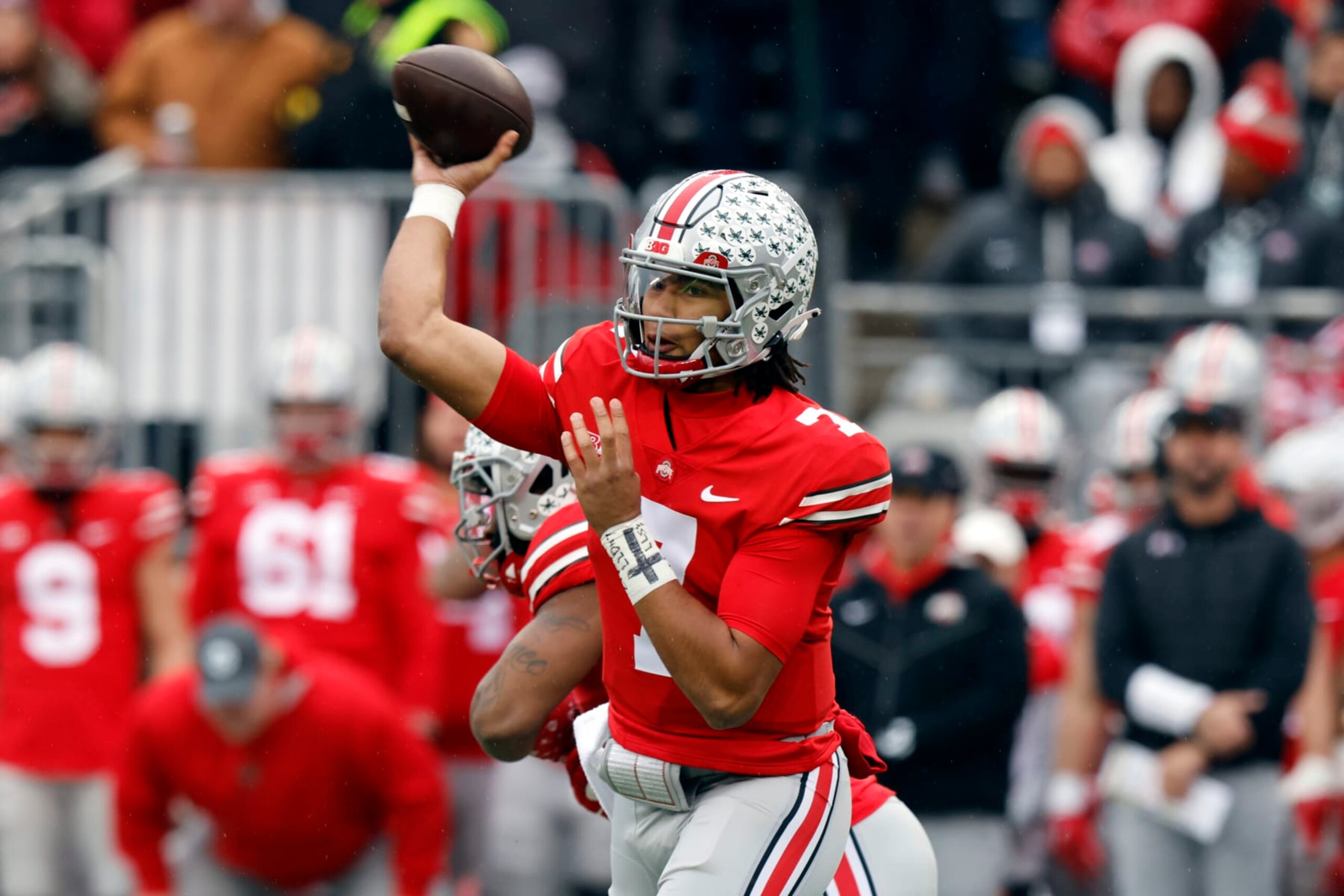Ohio State quarterback C.J. Stroud passes against Indiana during an NCAA college football game Saturday, Nov. 12, 2022 in Columbus, Ohio. Ohio State won 56-14. (AP Photo/Paul Vernon)