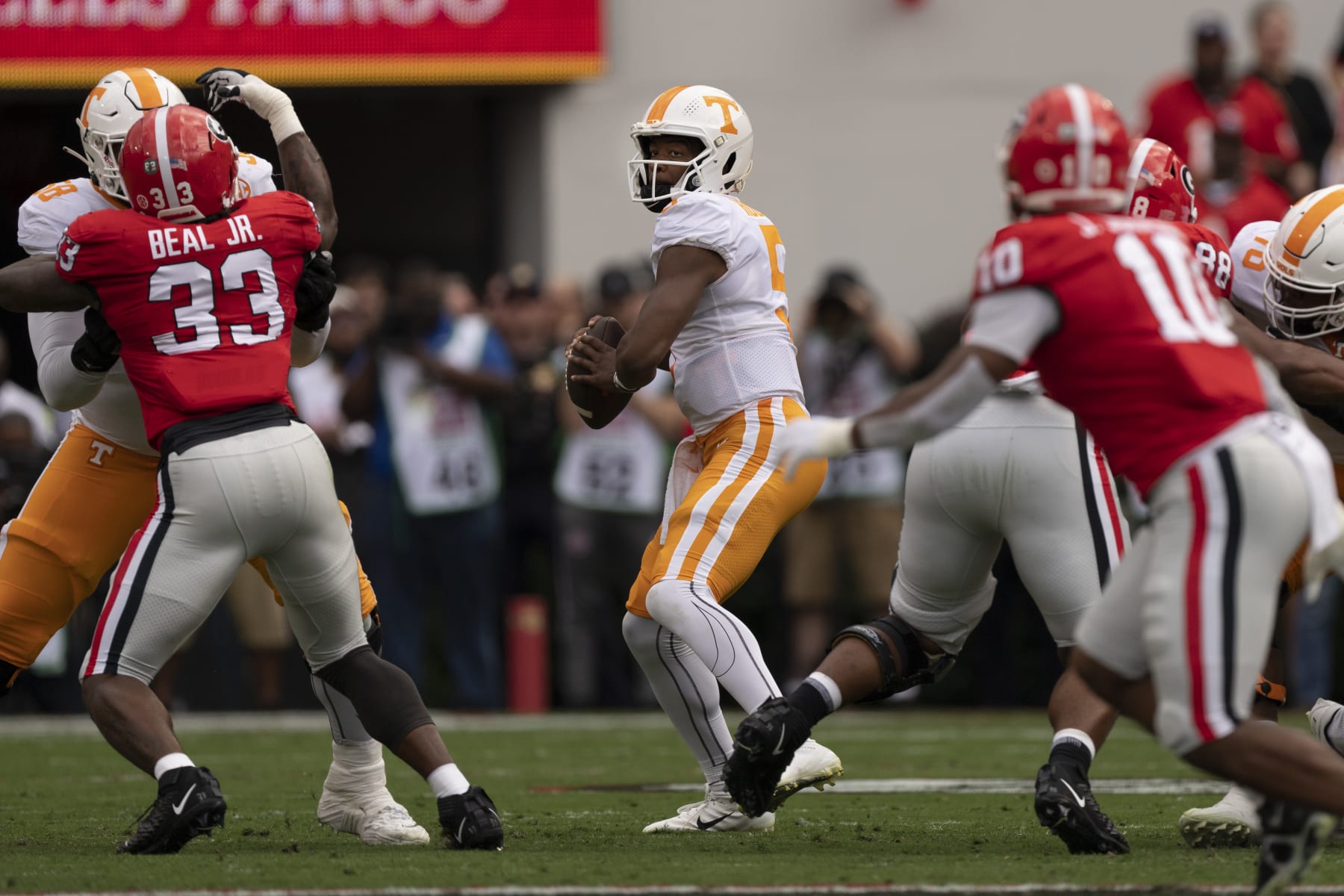Tennessee quarterback Hendon Hooker (5) throws a pass against Georgia during the first half of an NCAA college football game Saturday, Nov. 5, 2022 in Athens, Ga. (AP Photo/John Bazemore)