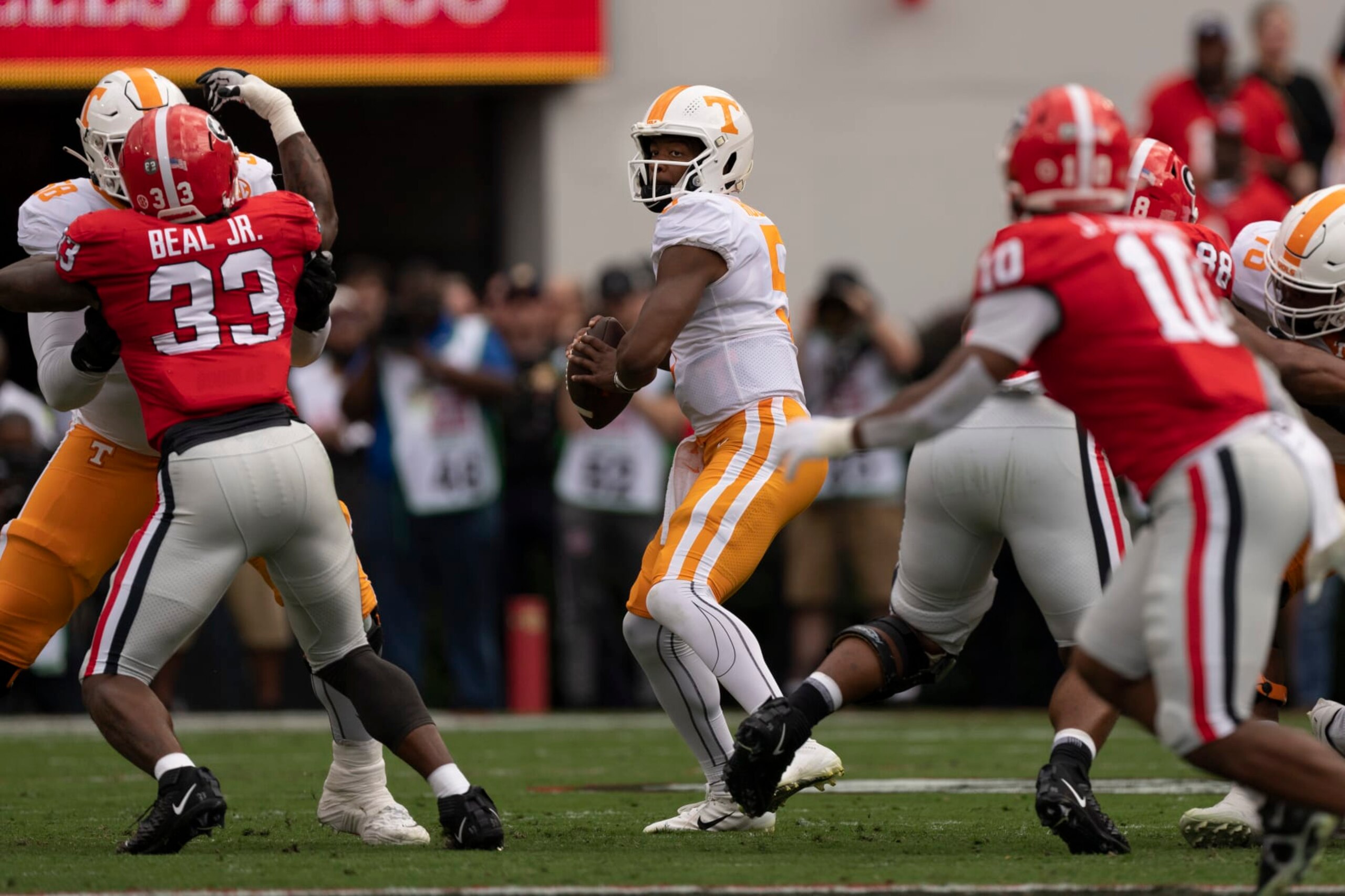 Tennessee quarterback Hendon Hooker (5) throws a pass against Georgia during the first half of an NCAA college football game Saturday, Nov. 5, 2022 in Athens, Ga. (AP Photo/John Bazemore)