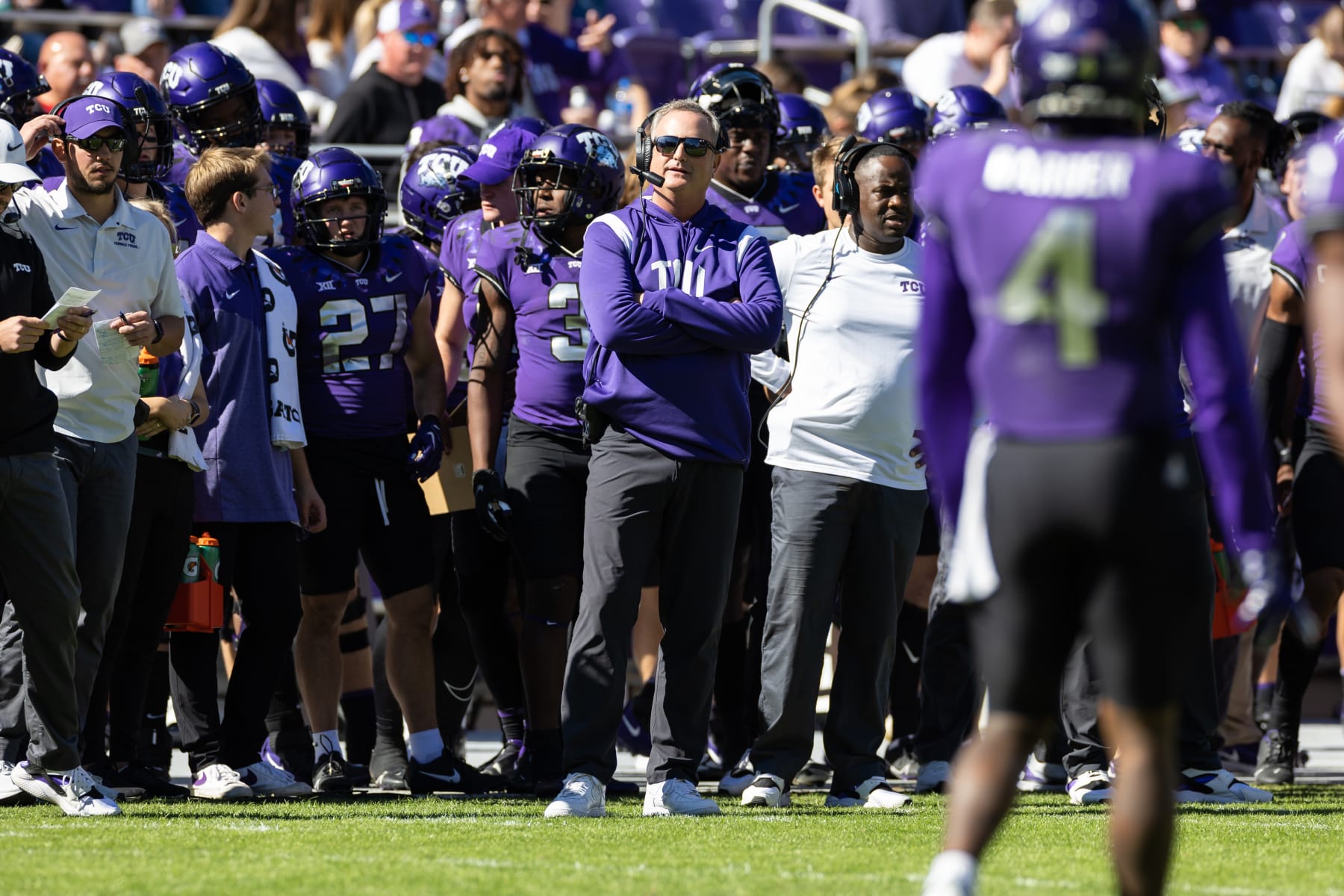 FORT WORTH, TX - NOVEMBER 05: TCU head coach Sonny Dykes looks on from the sideline during the college football game between the Texas Tech Red Raiders and TCU Horned Frogs on November 05, 2022 at Amon G. Carter Stadium in Fort Worth, TX.  (Photo by Matthew Visinsky/Icon Sportswire via Getty Images)