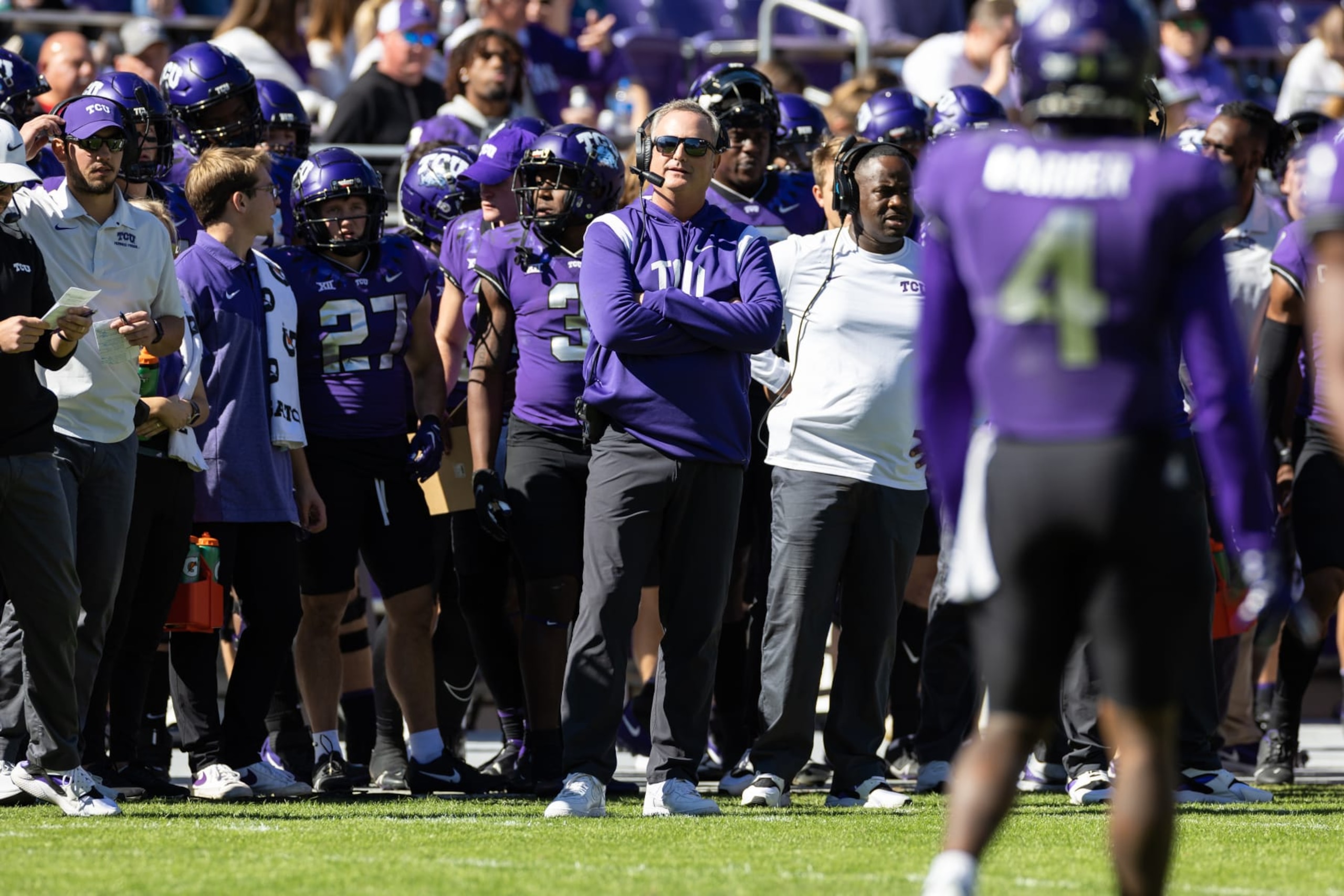 FORT WORTH, TX - NOVEMBER 05: TCU head coach Sonny Dykes looks on from the sideline during the college football game between the Texas Tech Red Raiders and TCU Horned Frogs on November 05, 2022 at Amon G. Carter Stadium in Fort Worth, TX. (Photo by Matthew Visinsky/Icon Sportswire via Getty Images) FORT WORTH, TX - NOVEMBER 05: TCU head coach Sonny Dykes looks on from the sideline during the college football game between the Texas Tech Red Raiders and TCU Horned Frogs on November 05, 2022 at Amon G. Carter Stadium in Fort Worth, TX. (Photo by Matthew Visinsky/Icon Sportswire via Getty Images)