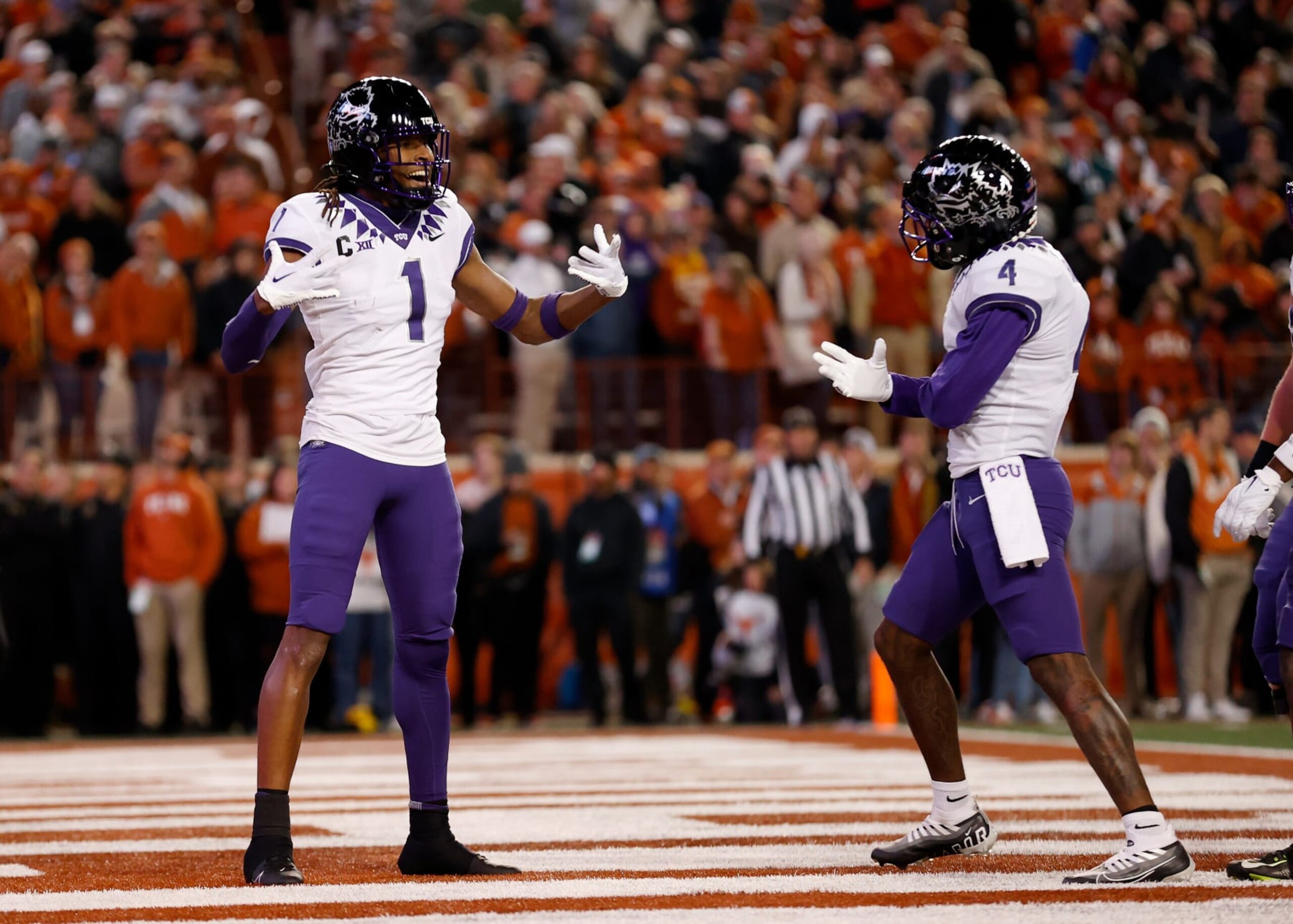 AUSTIN, TEXAS - NOVEMBER 12: Quentin Johnston #1 of the TCU Horned Frogs reacts after a touchdown reception in the second half against the Texas Longhorns at Darrell K Royal-Texas Memorial Stadium on November 12, 2022 in Austin, Texas. (Photo by Tim Warner/Getty Images) AUSTIN, TEXAS - NOVEMBER 12: Quentin Johnston #1 of the TCU Horned Frogs reacts after a touchdown reception in the second half against the Texas Longhorns at Darrell K Royal-Texas Memorial Stadium on November 12, 2022 in Austin, Texas. (Photo by Tim Warner/Getty Images)