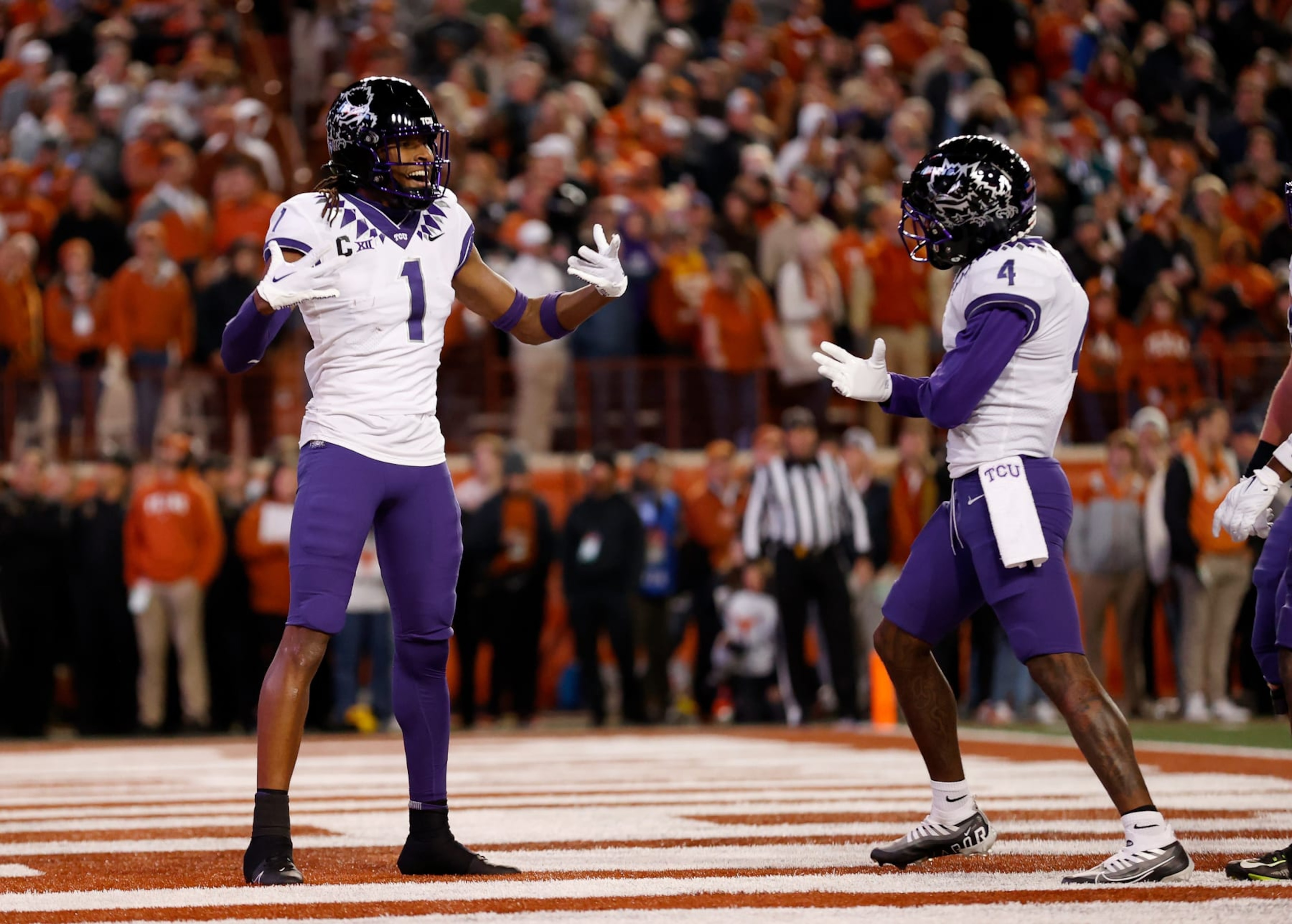 AUSTIN, TEXAS - NOVEMBER 12: Quentin Johnston #1 of the TCU Horned Frogs reacts after a touchdown reception in the second half against the Texas Longhorns at Darrell K Royal-Texas Memorial Stadium on November 12, 2022 in Austin, Texas. (Photo by Tim Warner/Getty Images)