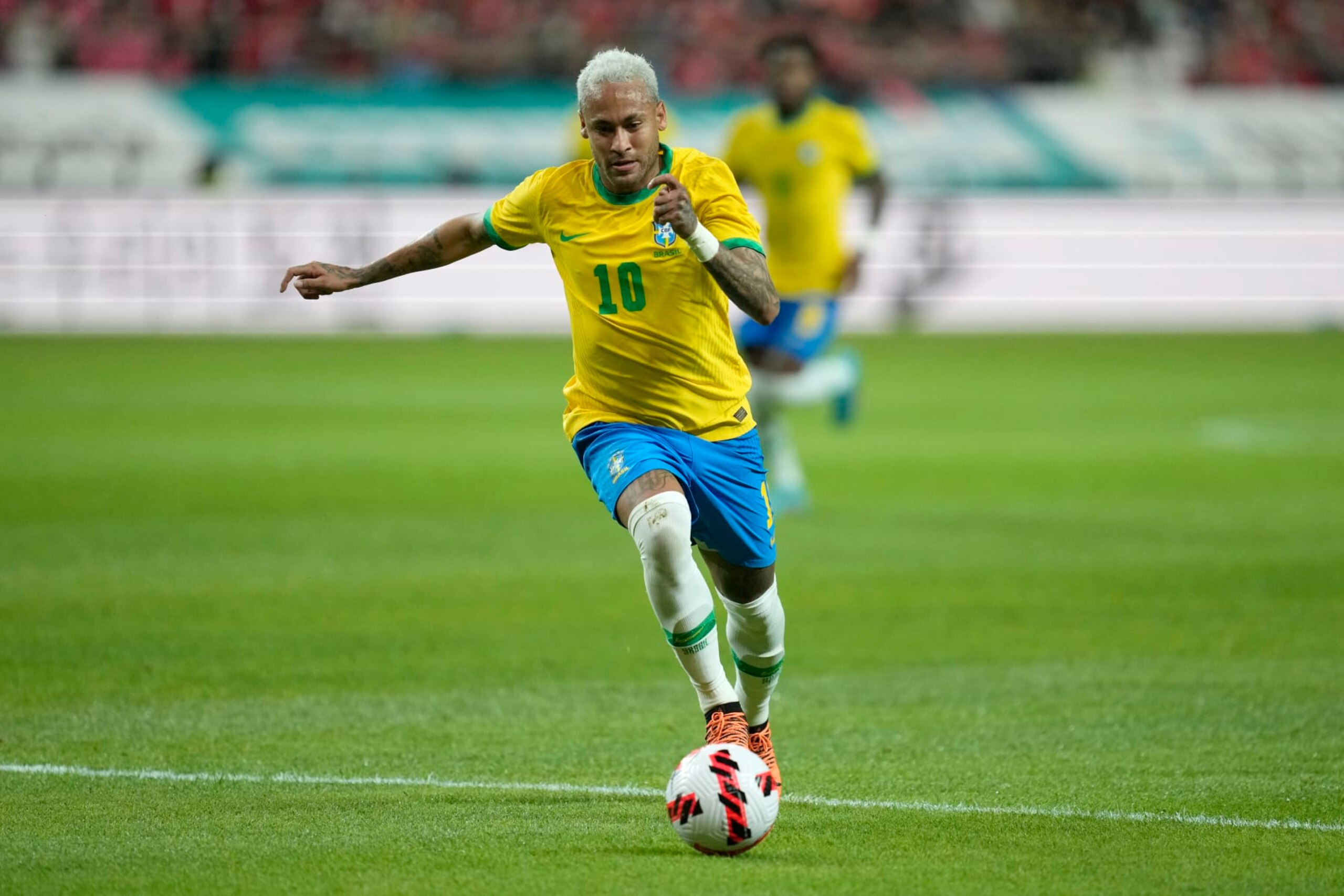 FILE - Brazil's Neymar dribbles the ball during a friendly soccer match between South Korea and Brazil at Seoul World Cup Stadium in Seoul, Thursday, June 2, 2022. (AP Photo/Lee Jin-man, File)