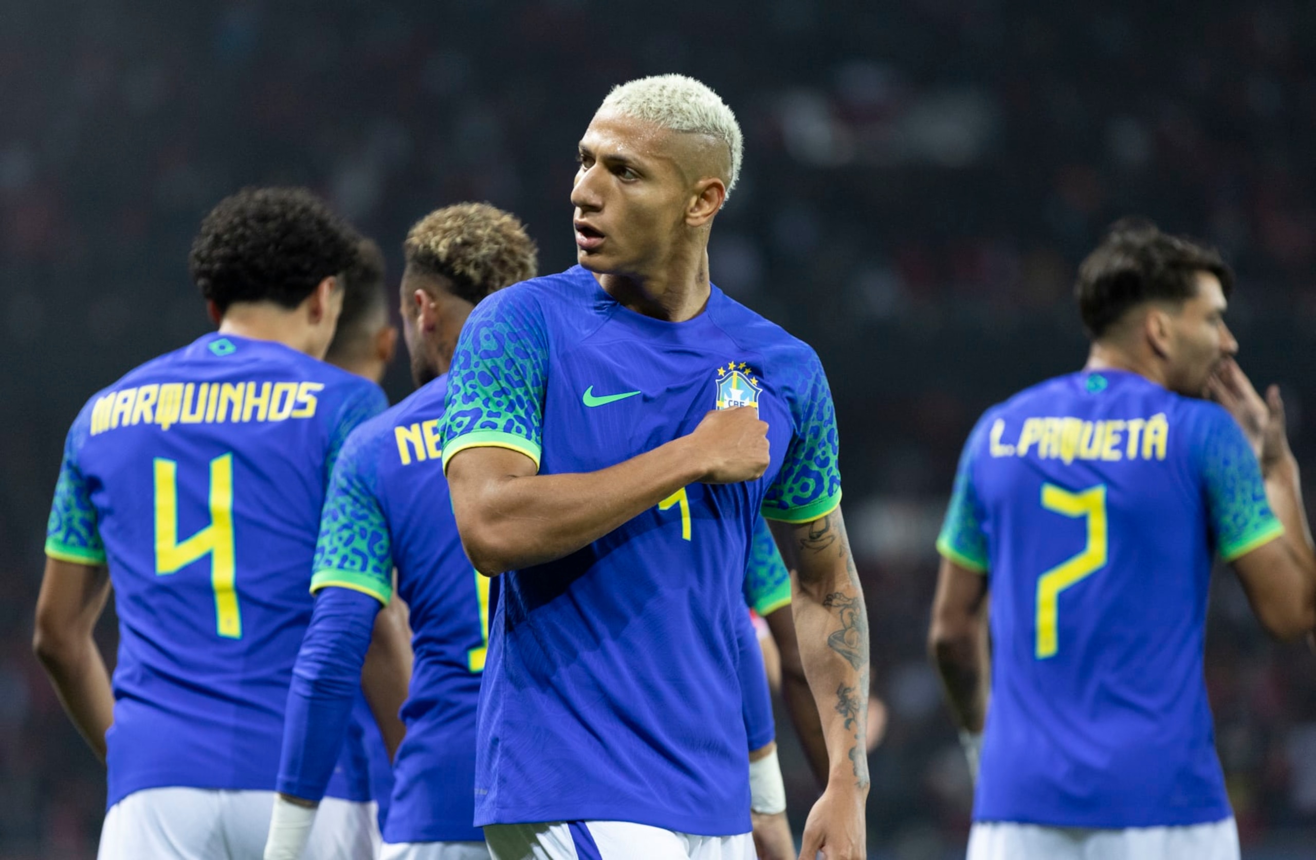 PARIS, FRANCE - SEPTEMBER 27: Richarlison de Andrade of Brazil celebrates his goal during the international friendly match between Brazil and Tunisia at Parc des Princes on September 27, 2022 in Paris, France. (Photo by Tnani Badreddine/DeFodi Images via Getty Images)