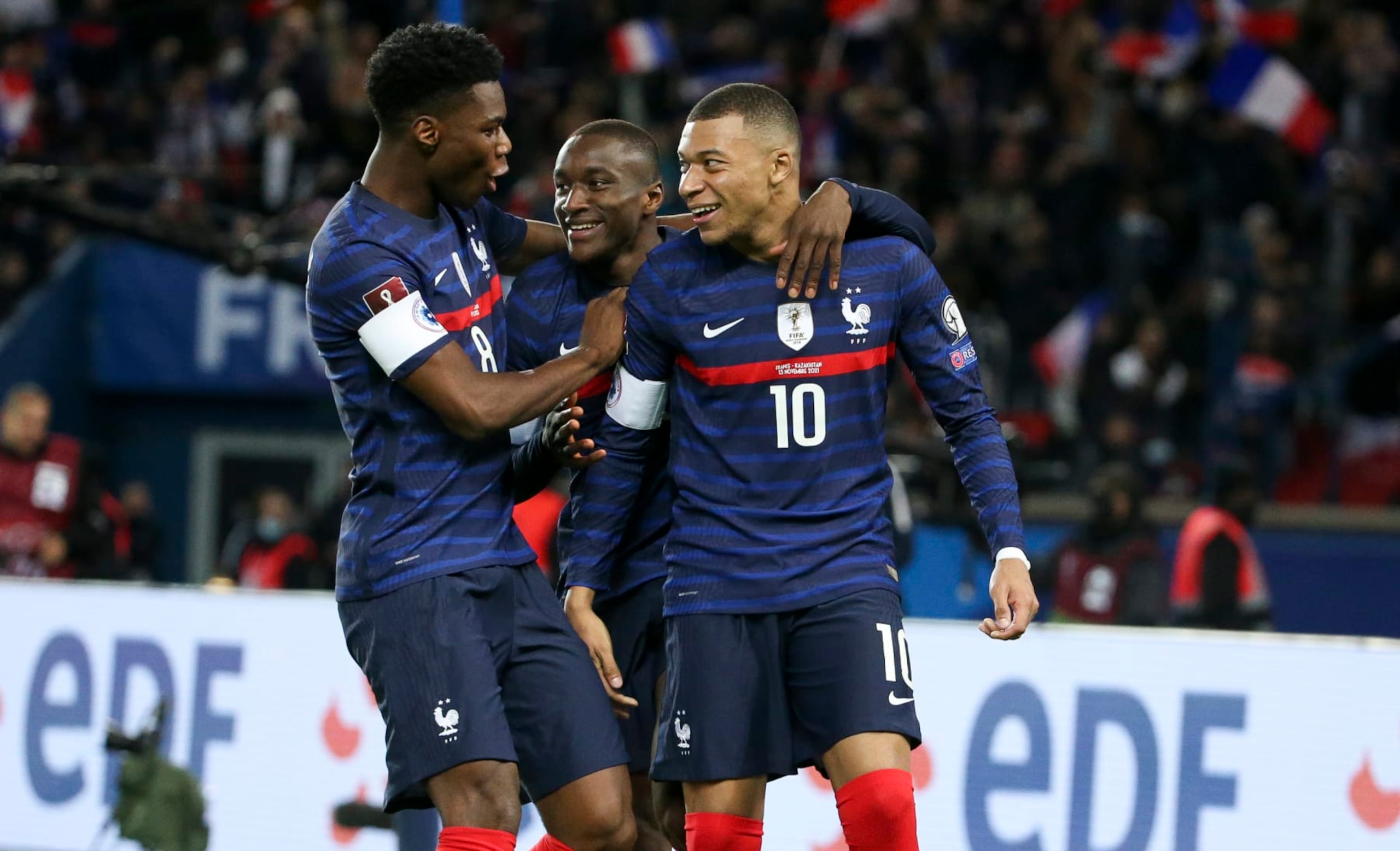 PARIS, FRANCE - NOVEMBER 13: Moussa Diaby of France celebrates his goal between Aurelien Tchouameni, Kylian Mbappe - a goal ultimately cancelled - during the 2022 FIFA World Cup Qualifier match between France and Kazakhstan at Parc des Princes on November 13, 2021 in Paris, France. (Photo by John Berry/Getty Images)