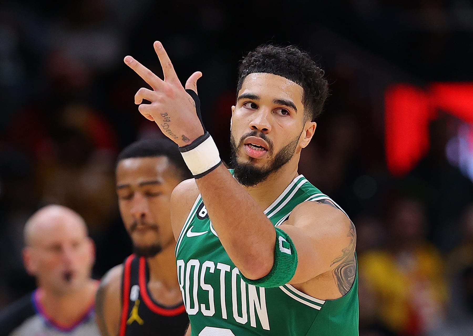 ATLANTA, GEORGIA - NOVEMBER 16:  Jayson Tatum #0 of the Boston Celtics reacts after hitting a three-point basket against the Atlanta Hawks during the second half at State Farm Arena on November 16, 2022 in Atlanta, Georgia.  NOTE TO USER: User expressly acknowledges and agrees that, by downloading and or using this photograph, User is consenting to the terms and conditions of the Getty Images License Agreement.  (Photo by Kevin C. Cox/Getty Images)