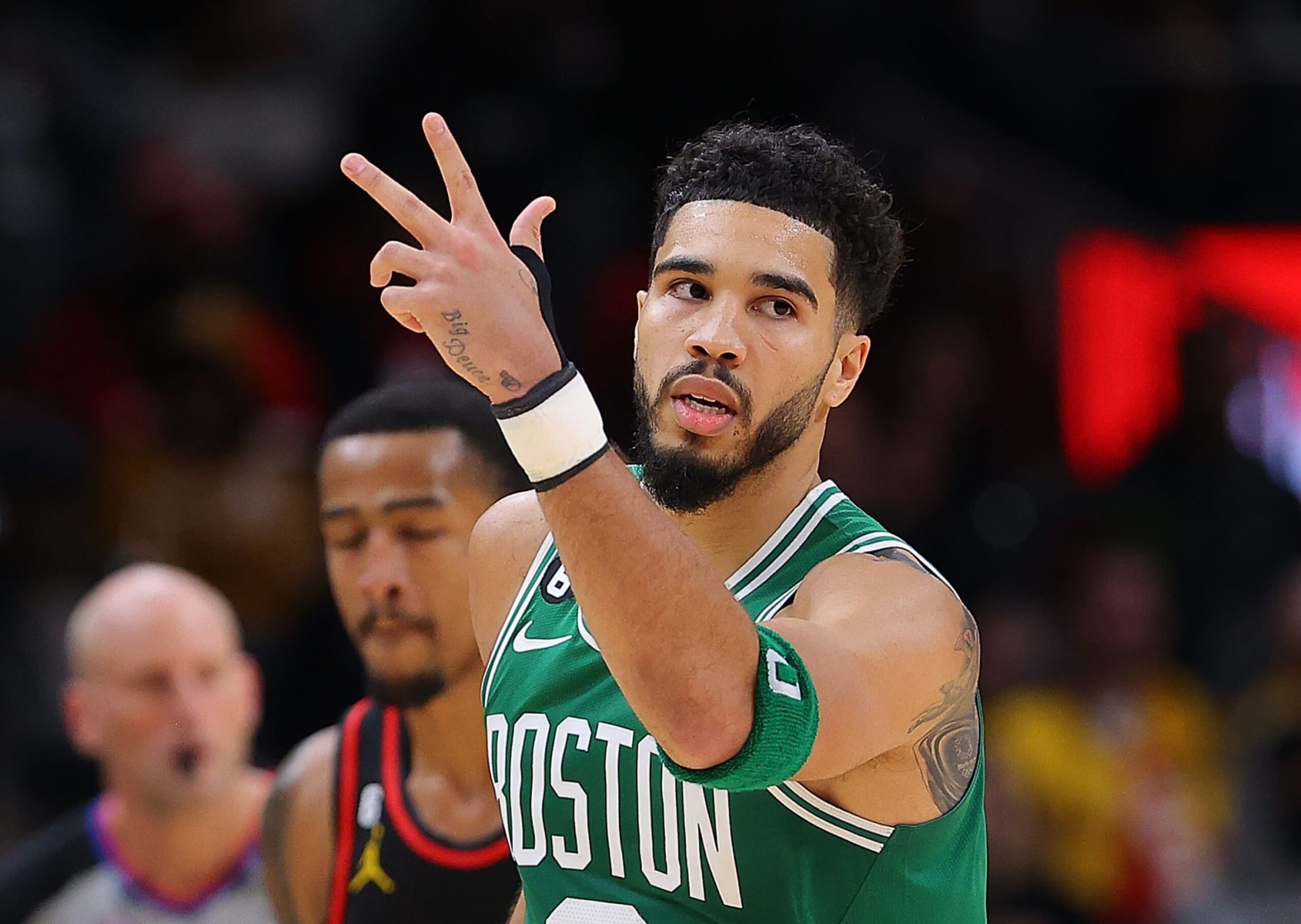 ATLANTA, GEORGIA - NOVEMBER 16:  Jayson Tatum #0 of the Boston Celtics reacts after hitting a three-point basket against the Atlanta Hawks during the second half at State Farm Arena on November 16, 2022 in Atlanta, Georgia.  NOTE TO USER: User expressly acknowledges and agrees that, by downloading and or using this photograph, User is consenting to the terms and conditions of the Getty Images License Agreement.  (Photo by Kevin C. Cox/Getty Images)
