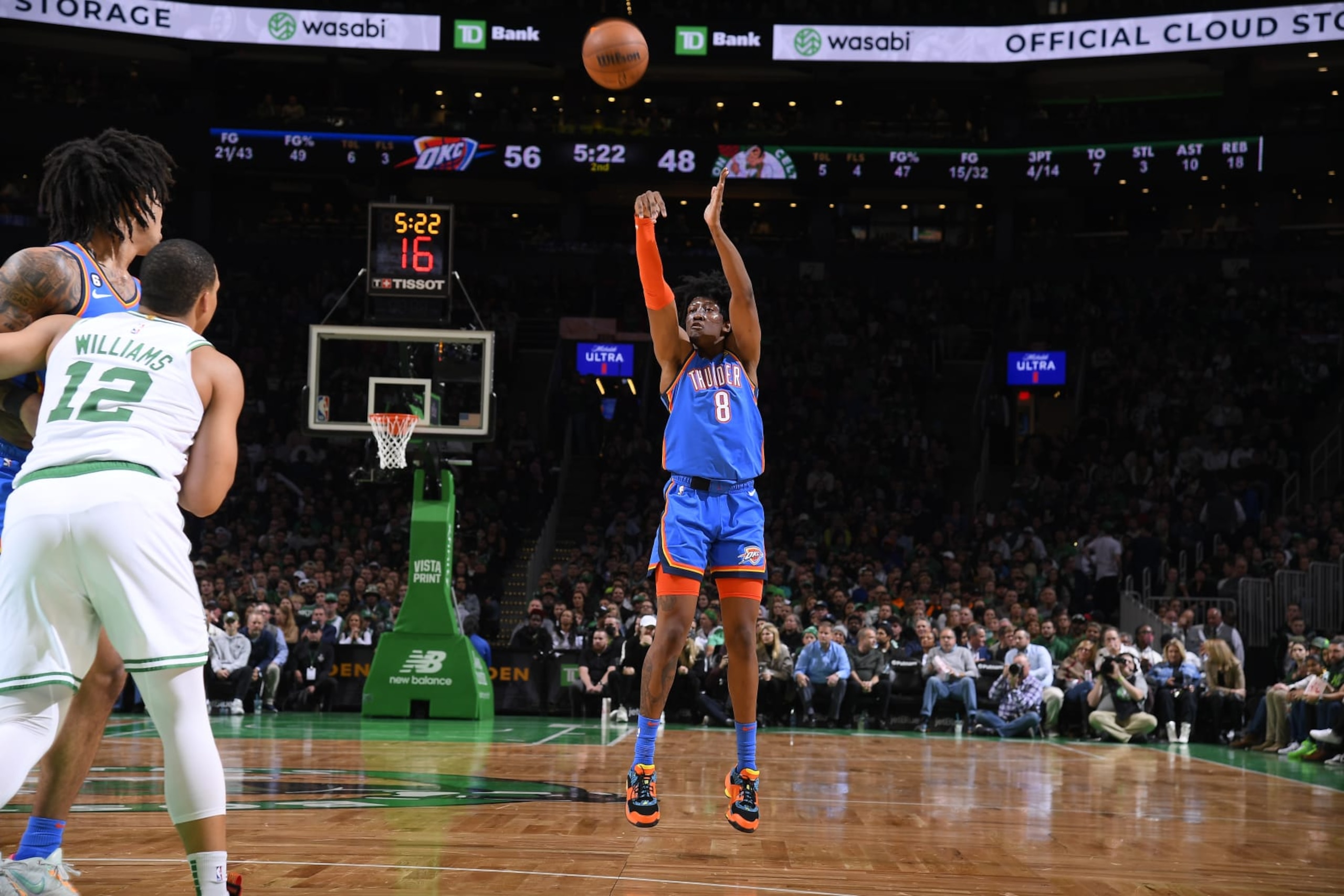 BOSTON, MA - NOVEMBER 14: Jalen Williams #8 of the Oklahoma City Thunder shoots a three point basket during the game against the Boston Celtics on November 14, 2022 at the TD Garden in Boston, Massachusetts.  NOTE TO USER: User expressly acknowledges and agrees that, by downloading and or using this photograph, User is consenting to the terms and conditions of the Getty Images License Agreement. Mandatory Copyright Notice: Copyright 2022 NBAE  (Photo by Brian Babineau/NBAE via Getty Images)