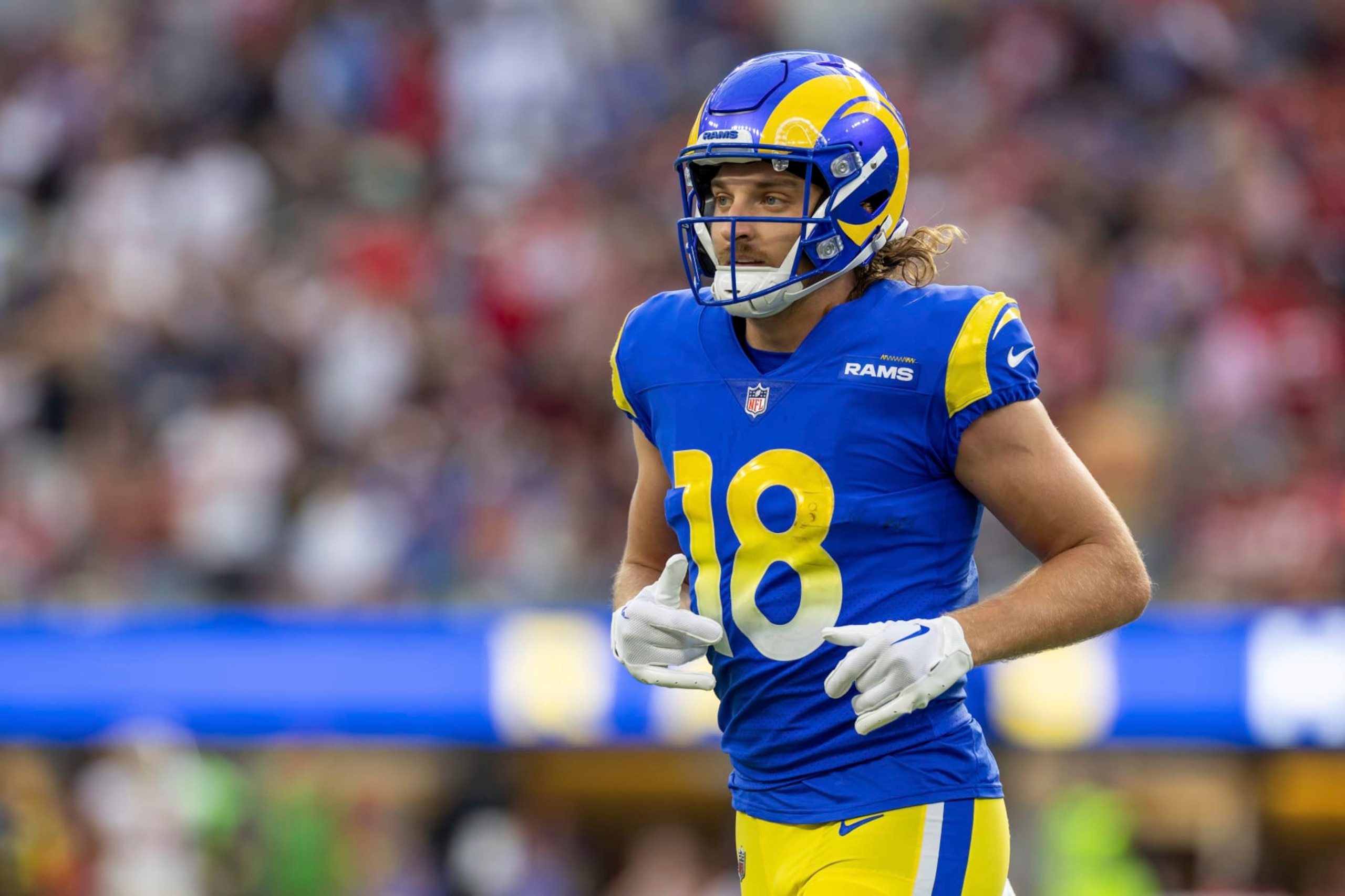 Los Angeles Rams wide receiver Ben Skowronek (18) against the San Francisco 49ers in an NFL football game, Sunday, Oct. 30, 2022, in Inglewood, Calif. The 49ers won 31-14. (AP Photo/Jeff Lewis)