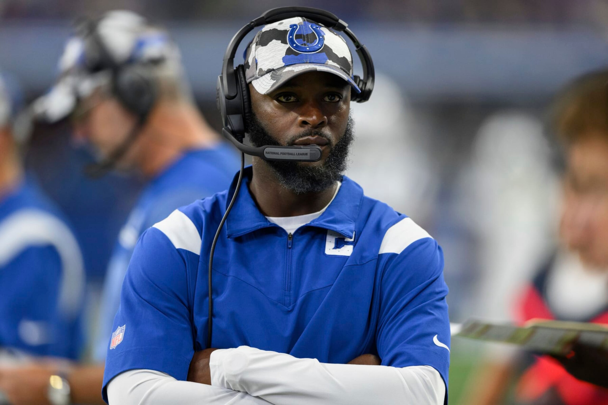 Indianapolis Colts wide receiver coach Reggie Wayne on the sidelines during an NFL football game against the Detroit Lions, Saturday, Aug. 20, 2022, in Indianapolis. (AP Photo/Zach Bolinger)