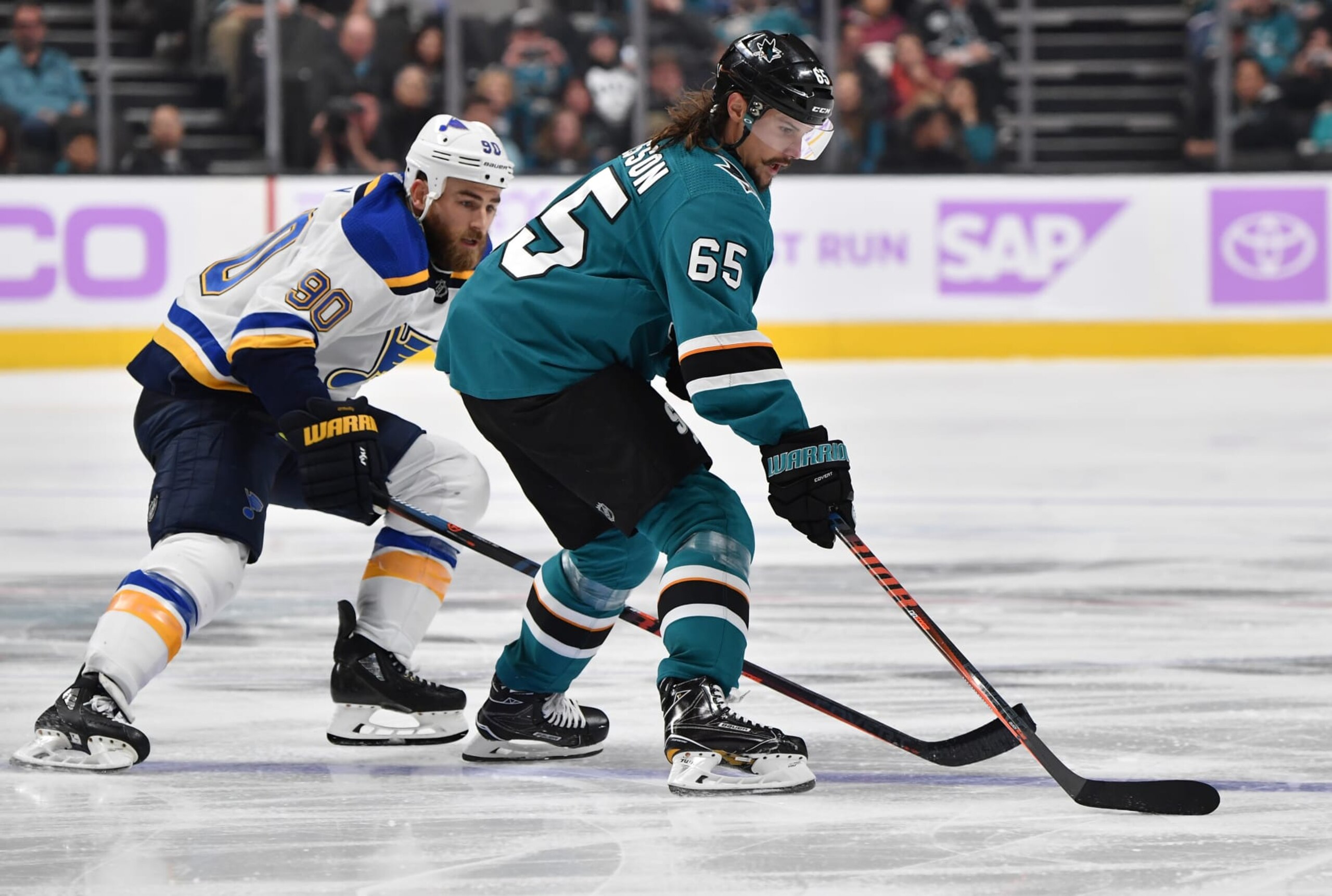 St. Louis Blues center Ryan O'Reilly (left) and San Jose Sharks defenseman Erik Karlsson St. Louis Blues center Ryan O'Reilly (left) and San Jose Sharks defenseman Erik Karlsson