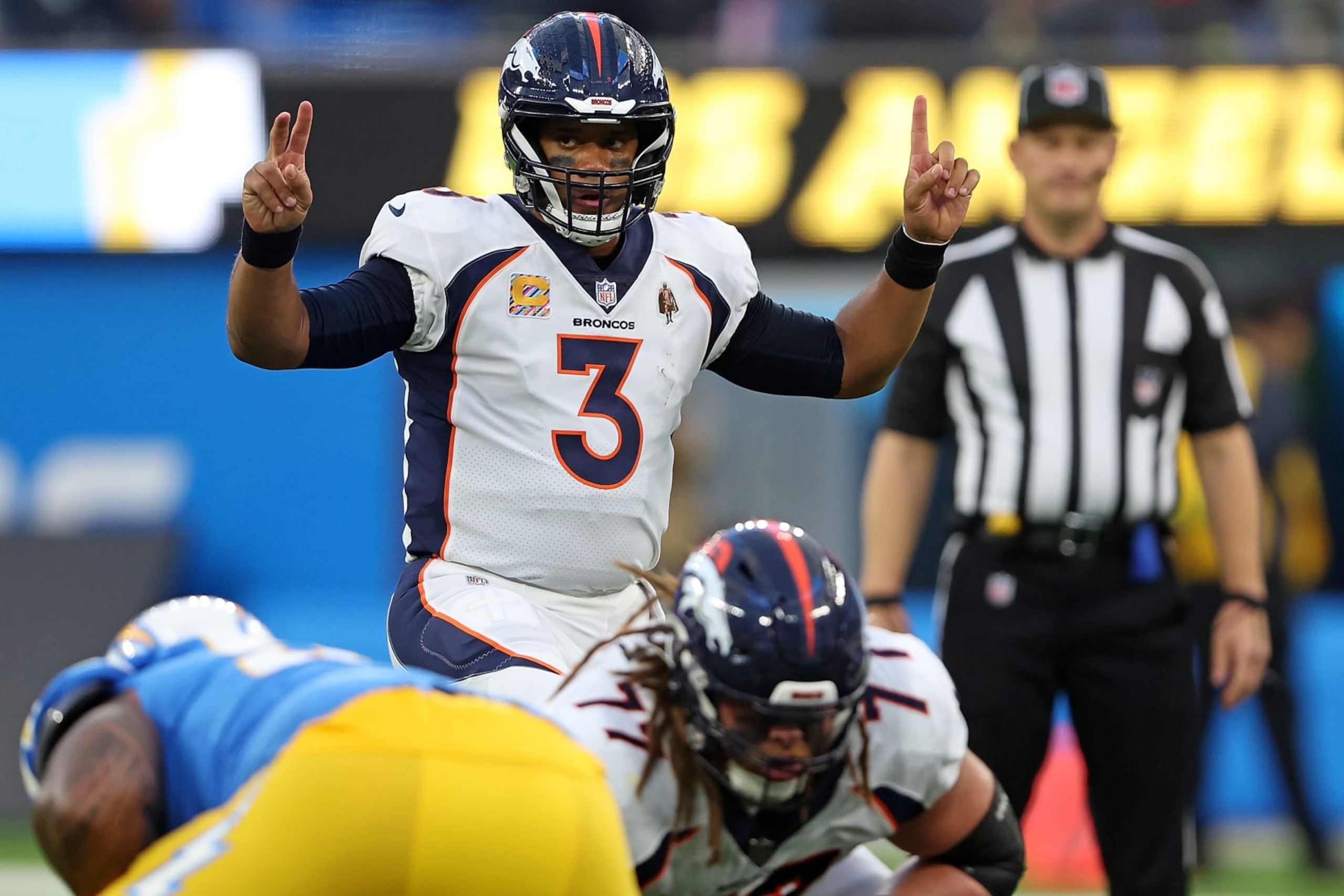 INGLEWOOD, CALIFORNIA - OCTOBER 17: Russell Wilson #3 of the Denver Broncos calls a play at the line during the first quarter against the Los Angeles Chargers at SoFi Stadium on October 17, 2022 in Inglewood, California. (Photo by Sean M. Haffey/Getty Images) INGLEWOOD, CALIFORNIA - OCTOBER 17: Russell Wilson #3 of the Denver Broncos calls a play at the line during the first quarter against the Los Angeles Chargers at SoFi Stadium on October 17, 2022 in Inglewood, California. (Photo by Sean M. Haffey/Getty Images)