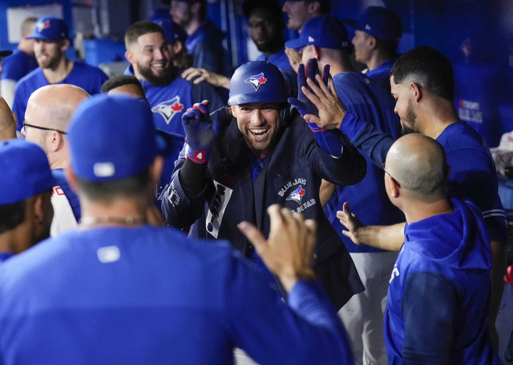TORONTO, ON - SEPTEMBER 27: George Springer #4 of the Toronto Blue Jays celebrates his home run with the blue jacket against the New York Yankees in the first inning during their MLB game at the Rogers Centre on September 27, 2022 in Toronto, Ontario, Canada. (Photo by Mark Blinch/Getty Images)