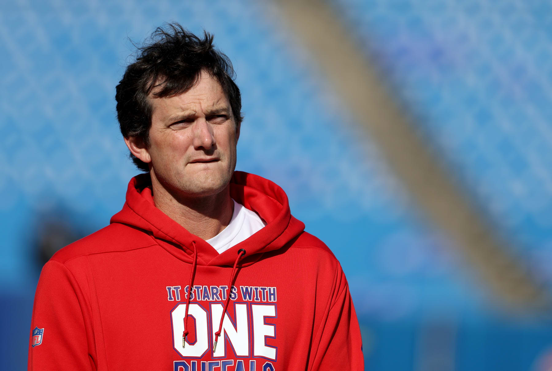 ORCHARD PARK, NY - OCTOBER 09: Buffalo Bills offensive coordinator Ken Dorsey on the field before a game against the Pittsburgh Steelers at Highmark Stadium on October 9, 2022 in Orchard Park, New York. (Photo by Timothy T Ludwig/Getty Images)