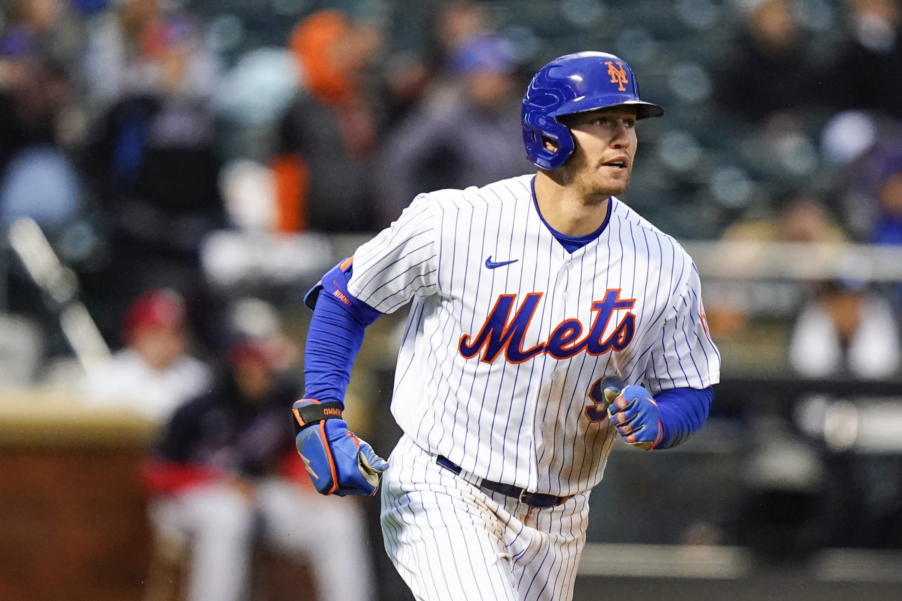 New York Mets' Brandon Nimmo runs the bases after hitting a home run during the fourth inning in the first baseball game of a doubleheader against the Washington Nationals, Tuesday, Oct. 4, 2022, in New York. (AP Photo/Frank Franklin II)
