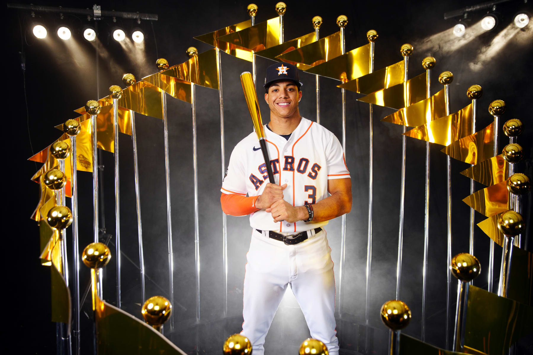 HOUSTON, TX - OCTOBER 27:  Jeremy Peña #3 of the Houston Astros poses for a photo during the 2022 World Series Workout Day at Minute Maid Park on Thursday, October 27, 2022 in Houston, Texas. (Photo by Daniel Shirey/MLB Photos via Getty Images)
