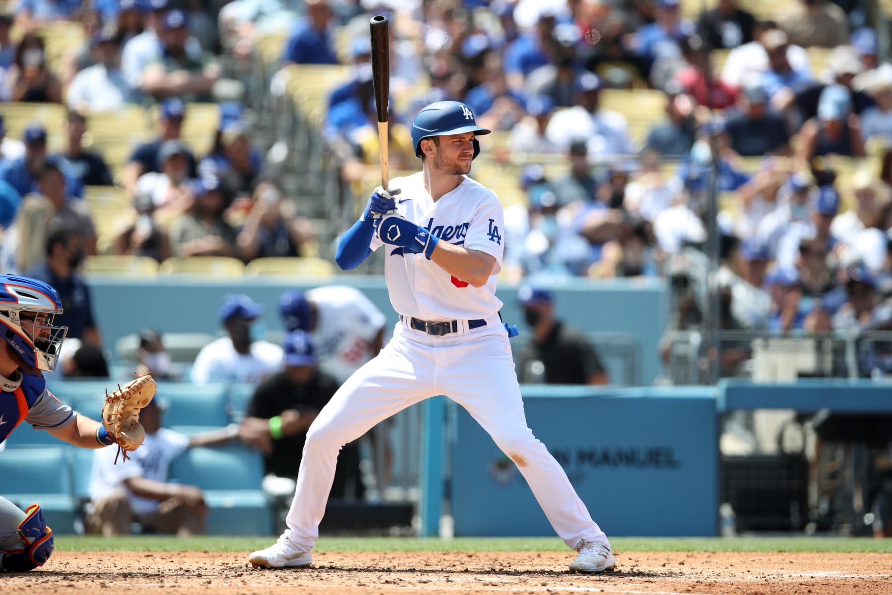 LOS ANGELES, CA - AUGUST 22:  Trea Turner #6 of the Los Angeles Dodgers bats during the game against the New York Mets at Dodger Stadium on August 22, 2021 in Los Angeles, California. The Mets defeated the Dodgers 7-2. (Photo by Rob Leiter/MLB Photos via Getty Images)