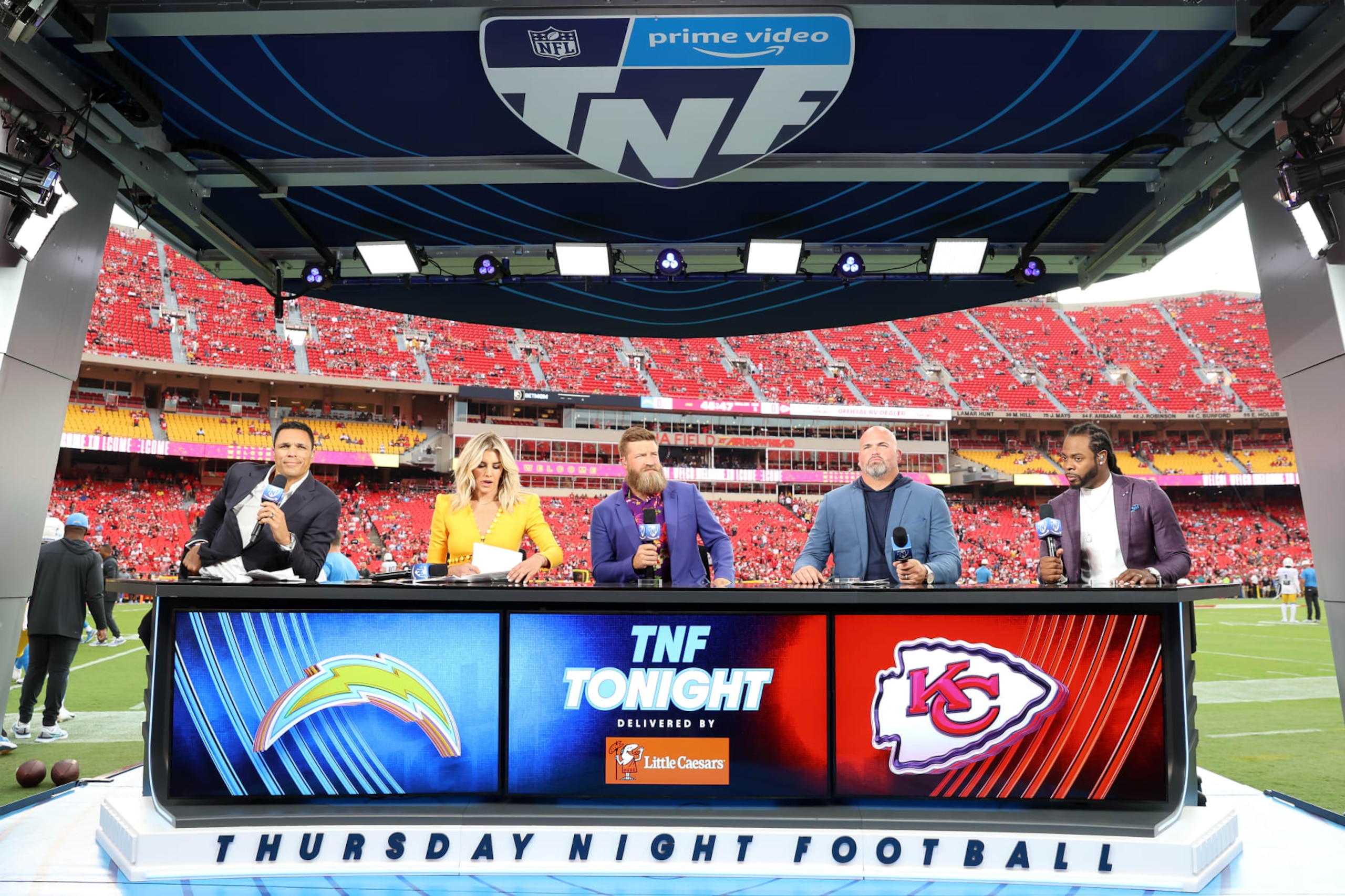 KANSAS CITY, MISSOURI - SEPTEMBER 15: (L-R) Thursday Night Football Commentators Tony Gonzalez, Charissa Thompson, Ryan Fitzpatrick, Andrew Whitworth, and Richard Sherman talk during pregame coverage before the game between the Los Angeles Chargers and Kansas City Chiefs at Arrowhead Stadium on September 15, 2022 in Kansas City, Missouri. (Photo by Jamie Squire/Getty Images) KANSAS CITY, MISSOURI - SEPTEMBER 15: (L-R) Thursday Night Football Commentators Tony Gonzalez, Charissa Thompson, Ryan Fitzpatrick, Andrew Whitworth, and Richard Sherman talk during pregame coverage before the game between the Los Angeles Chargers and Kansas City Chiefs at Arrowhead Stadium on September 15, 2022 in Kansas City, Missouri. (Photo by Jamie Squire/Getty Images)