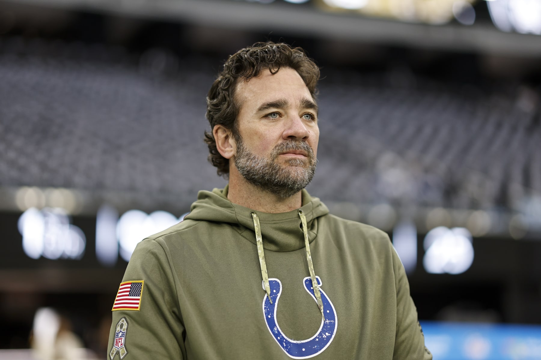 LAS VEGAS, NEVADA - NOVEMBER 13: Interim head coach Jeff Saturday of the Indianapolis Colts  looks on prior to an NFL game between the Las Vegas Raiders and the Indianapolis Colts at Allegiant Stadium on November 13, 2022 in Las Vegas, Nevada. (Photo by Michael Owens/Getty Images)