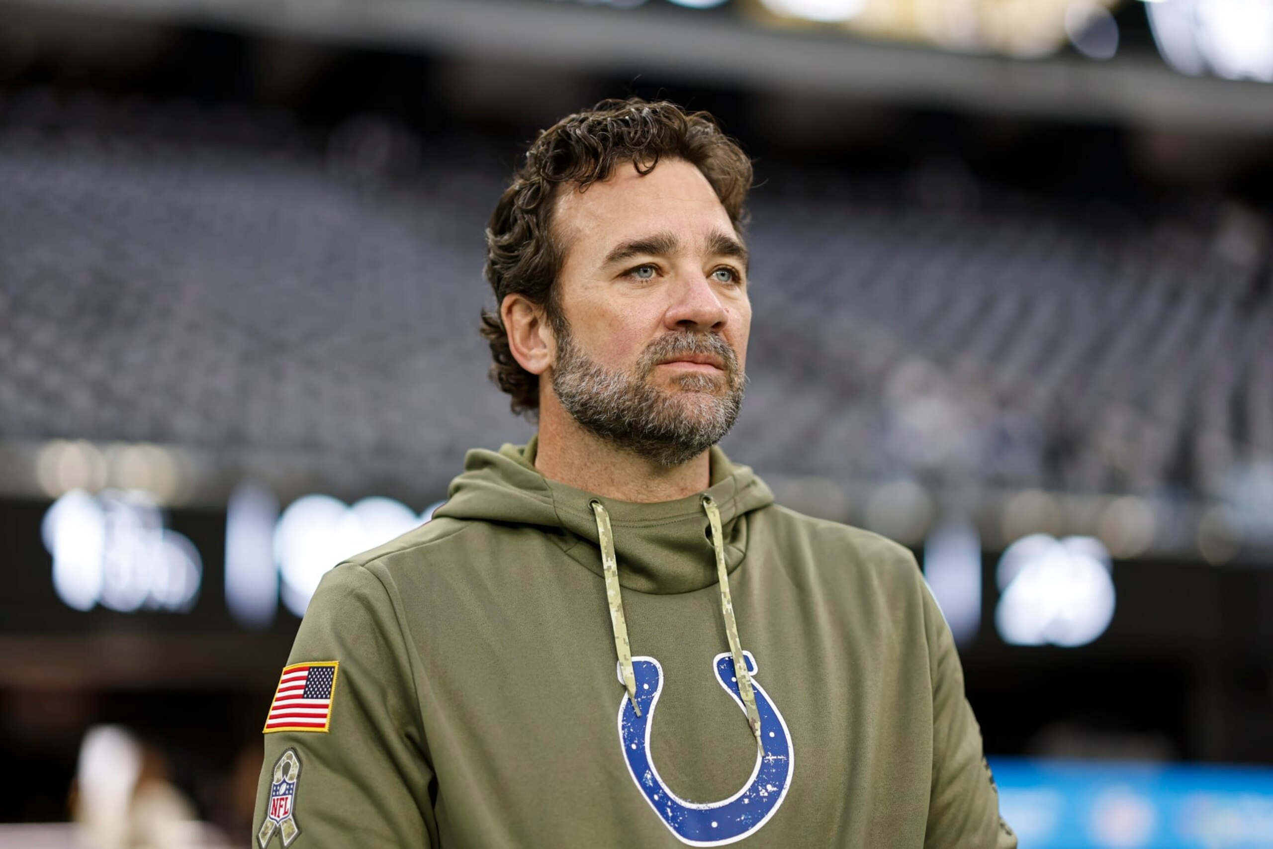LAS VEGAS, NEVADA - NOVEMBER 13: Interim head coach Jeff Saturday of the Indianapolis Colts looks on prior to an NFL game between the Las Vegas Raiders and the Indianapolis Colts at Allegiant Stadium on November 13, 2022 in Las Vegas, Nevada. (Photo by Michael Owens/Getty Images) LAS VEGAS, NEVADA - NOVEMBER 13: Interim head coach Jeff Saturday of the Indianapolis Colts looks on prior to an NFL game between the Las Vegas Raiders and the Indianapolis Colts at Allegiant Stadium on November 13, 2022 in Las Vegas, Nevada. (Photo by Michael Owens/Getty Images)