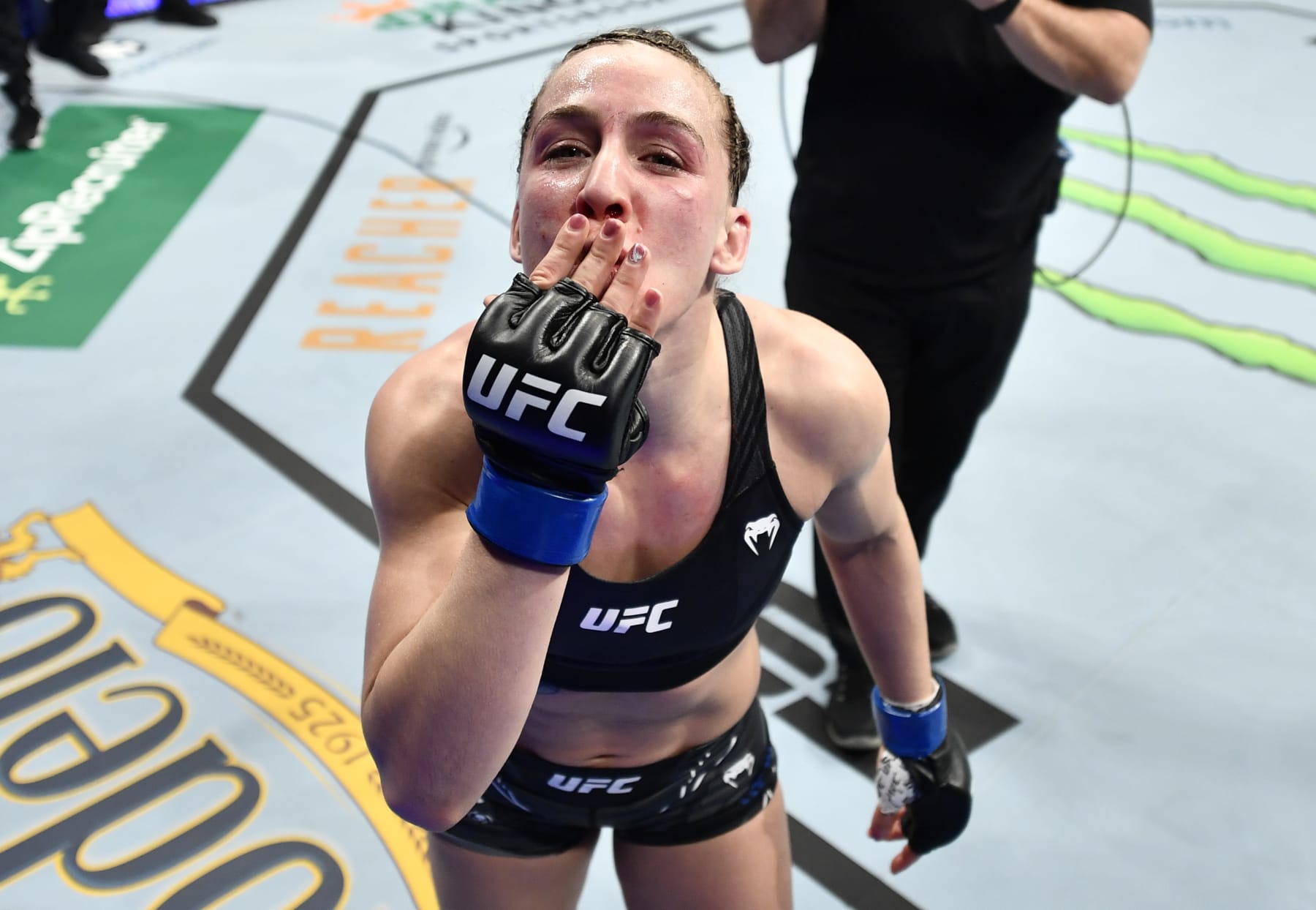 ANAHEIM, CALIFORNIA - JANUARY 22: Vanessa Demopoulos celebrates after her submission victory over Silvana Gomez Juarez of Argentina in their strawweight fight during the UFC 270 event at Honda Center on January 22, 2022 in Anaheim, California. (Photo by Chris Unger/Zuffa LLC)